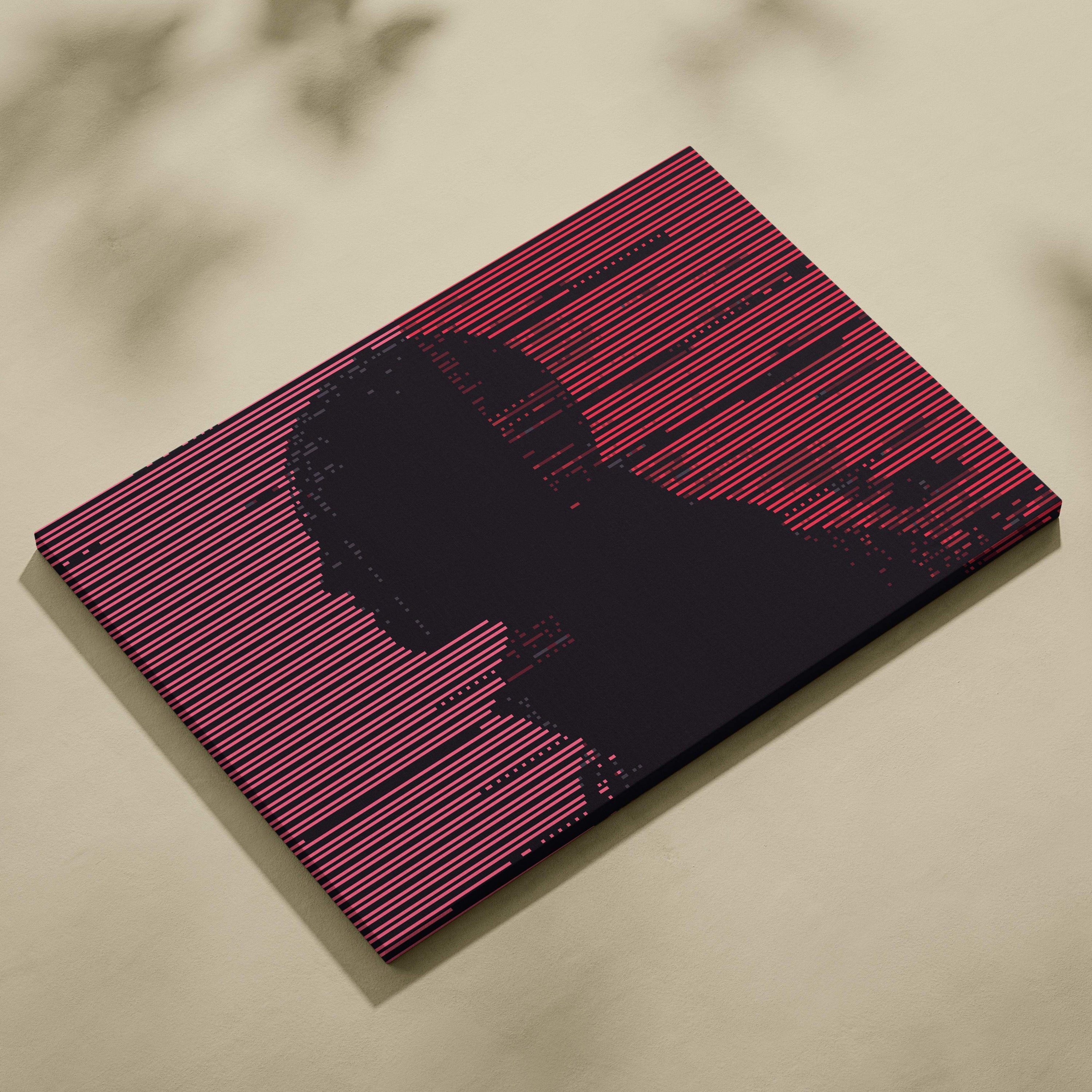 A rectangular canvas print with a black silhouette profile and vibrant pink and dark red glitch lines for gothic decor