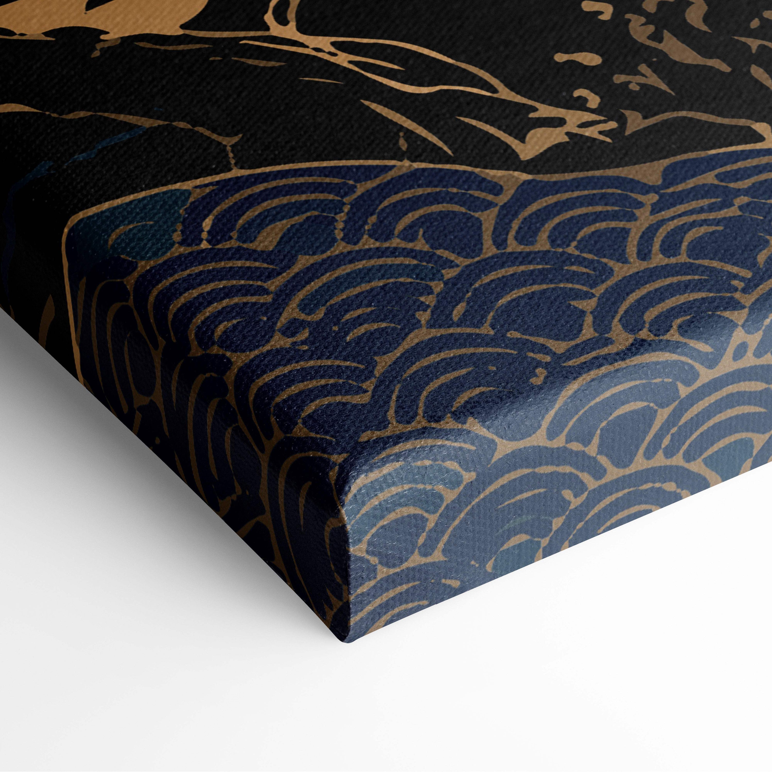 Mount fuji crane canvas wall art with navy blue and gold wave pattern on textured canvas for elegant home decor