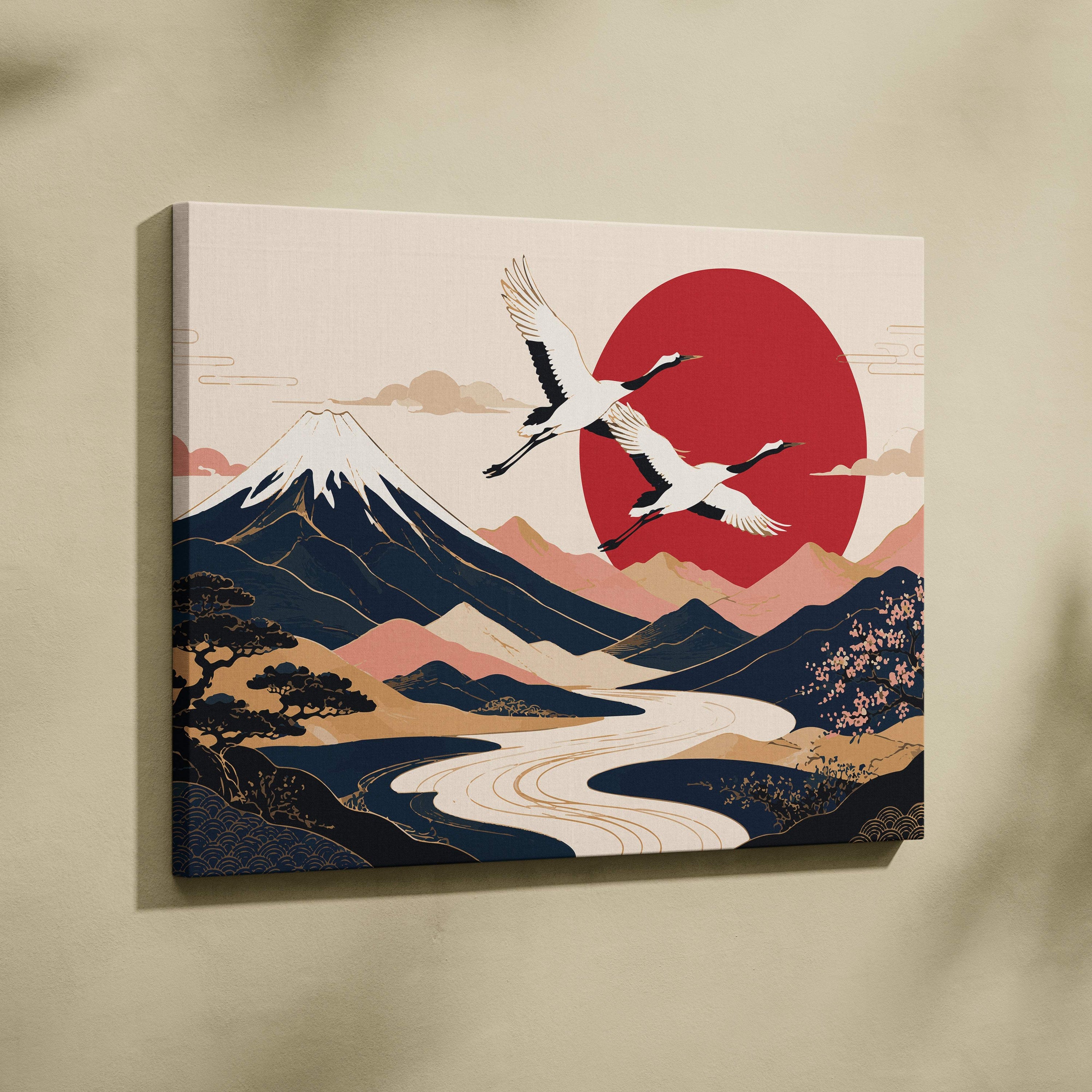 Rectangular canvas print of navy red mount fuji crane landscape with snowcapped mountains and rivers for wall decor