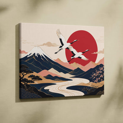 Rectangular canvas print of navy red mount fuji crane landscape with snowcapped mountains and rivers for wall decor