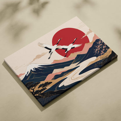Mount fuji crane canvas wall art with navy red japanese vector painting of cranes over mountains and river decor for living room