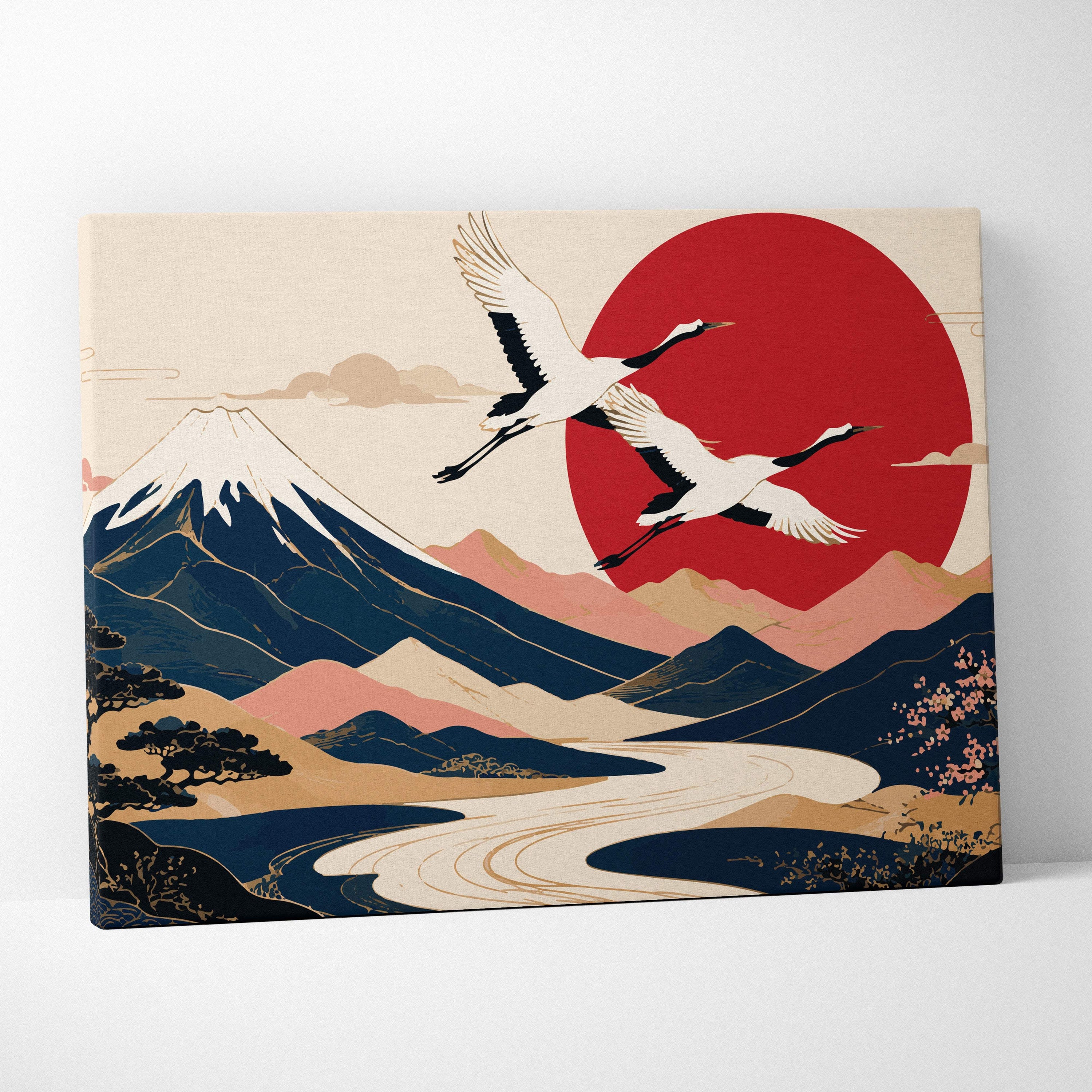 Rectangular canvas print of mount fuji crane wall art with navy red japanese vector mountain landscape decor