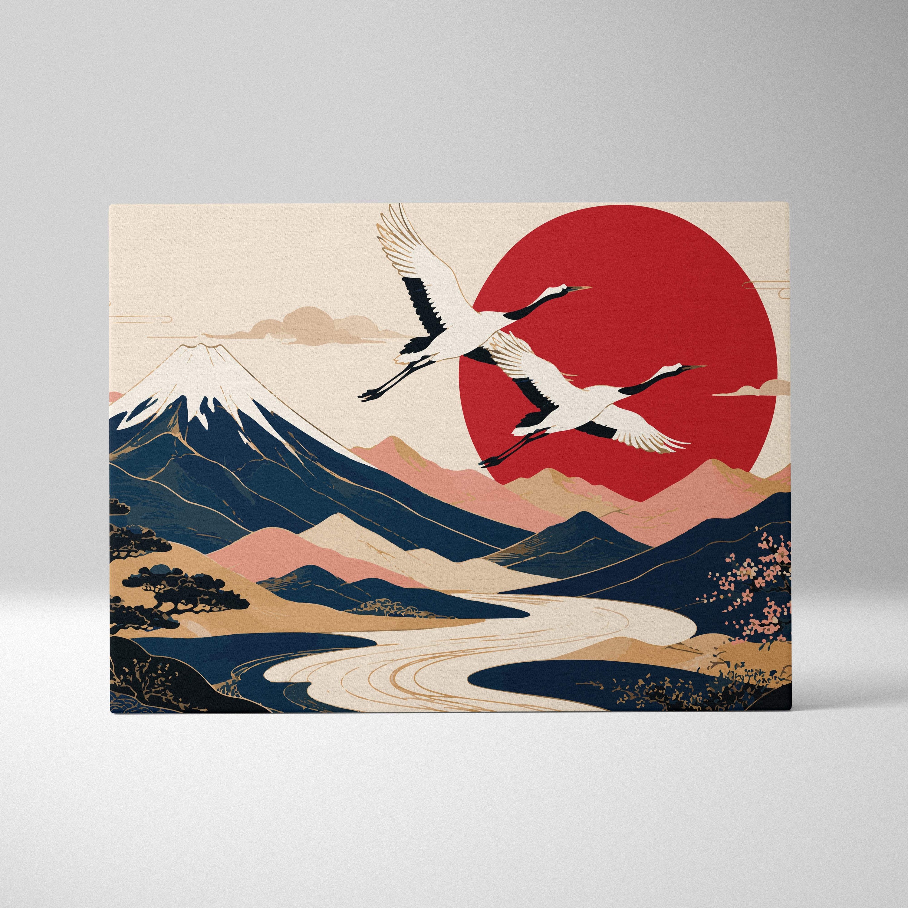 Rectangular canvas print of mount fuji with cranes and red sun in navy and earth tones for living room decor