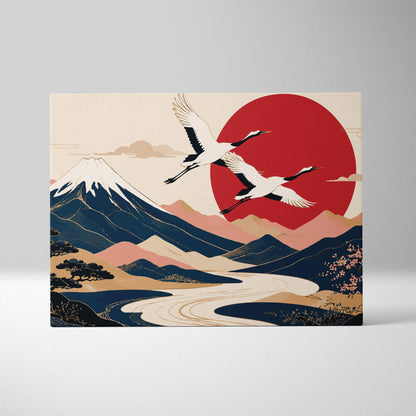 Rectangular canvas print of mount fuji with cranes and red sun in navy and earth tones for living room decor