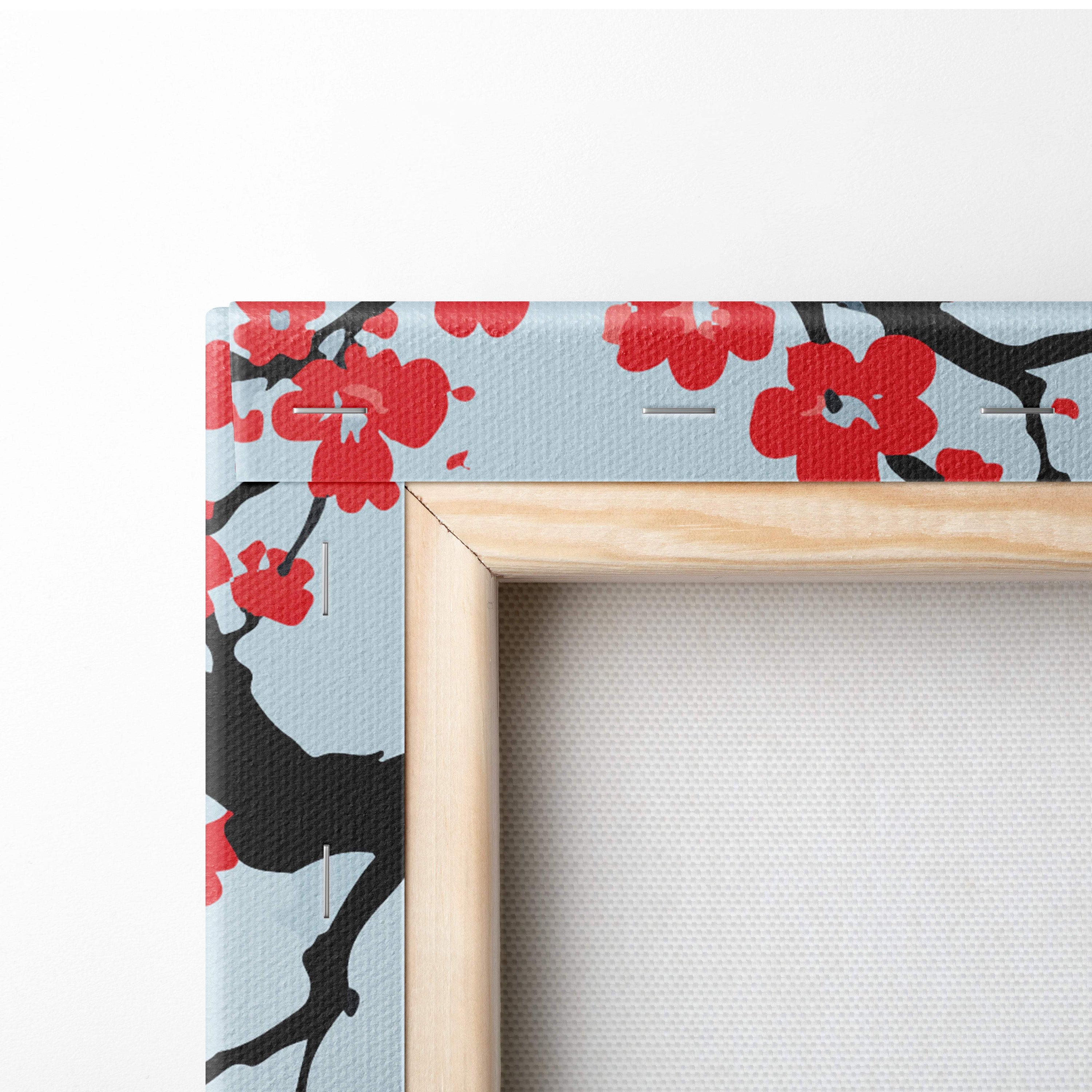 Mount Fuji pagoda canvas wall art with vibrant red cherry blossom pattern on light blue canvas and natural wood frame