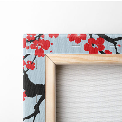 Mount Fuji pagoda canvas wall art with vibrant red cherry blossom pattern on light blue canvas and natural wood frame
