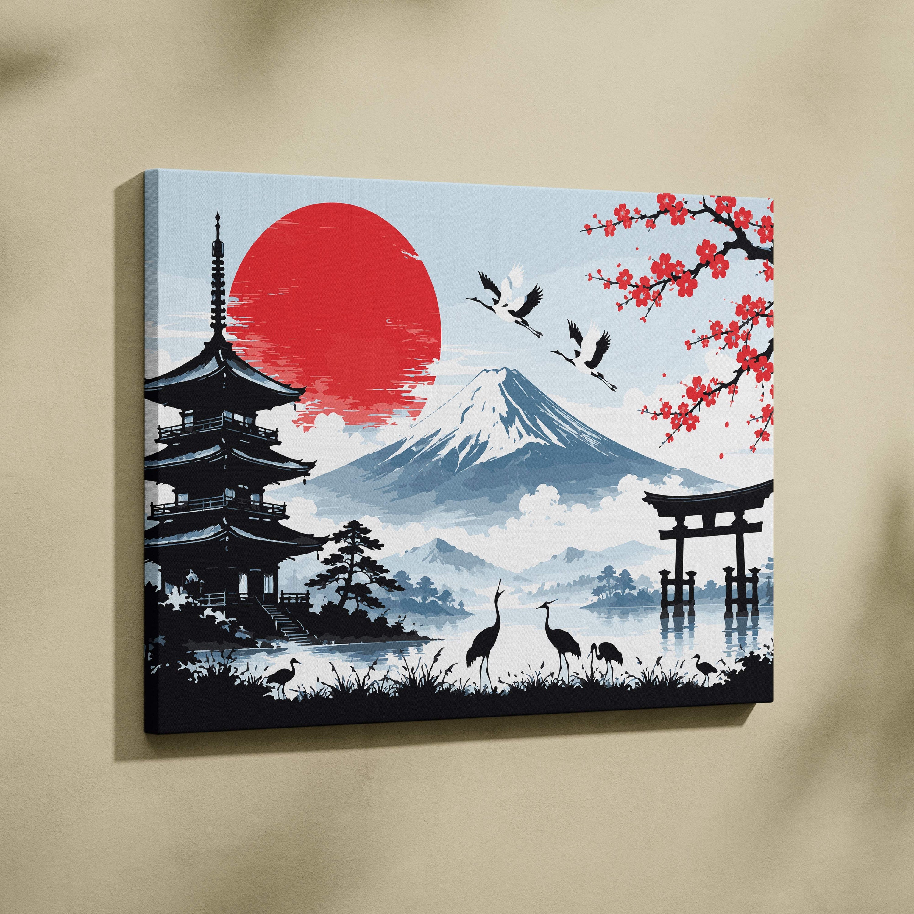 Mount fuji pagoda canvas wall art featuring blue red japanese vector painting with cherry blossoms and traditional architecture