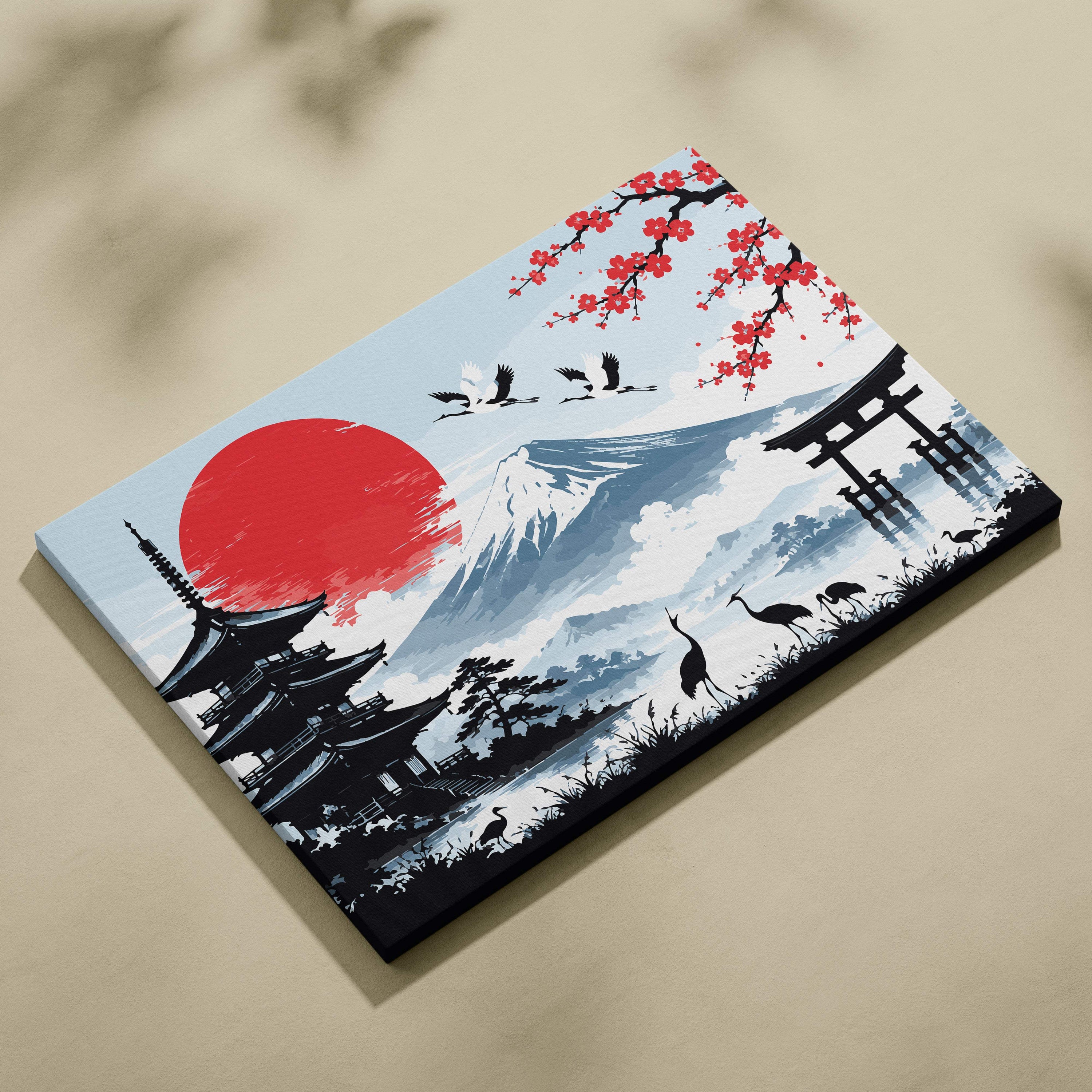 Rectangular canvas wall art featuring a stylized japanese landscape with mount fuji pagoda cranes and cherry blossoms