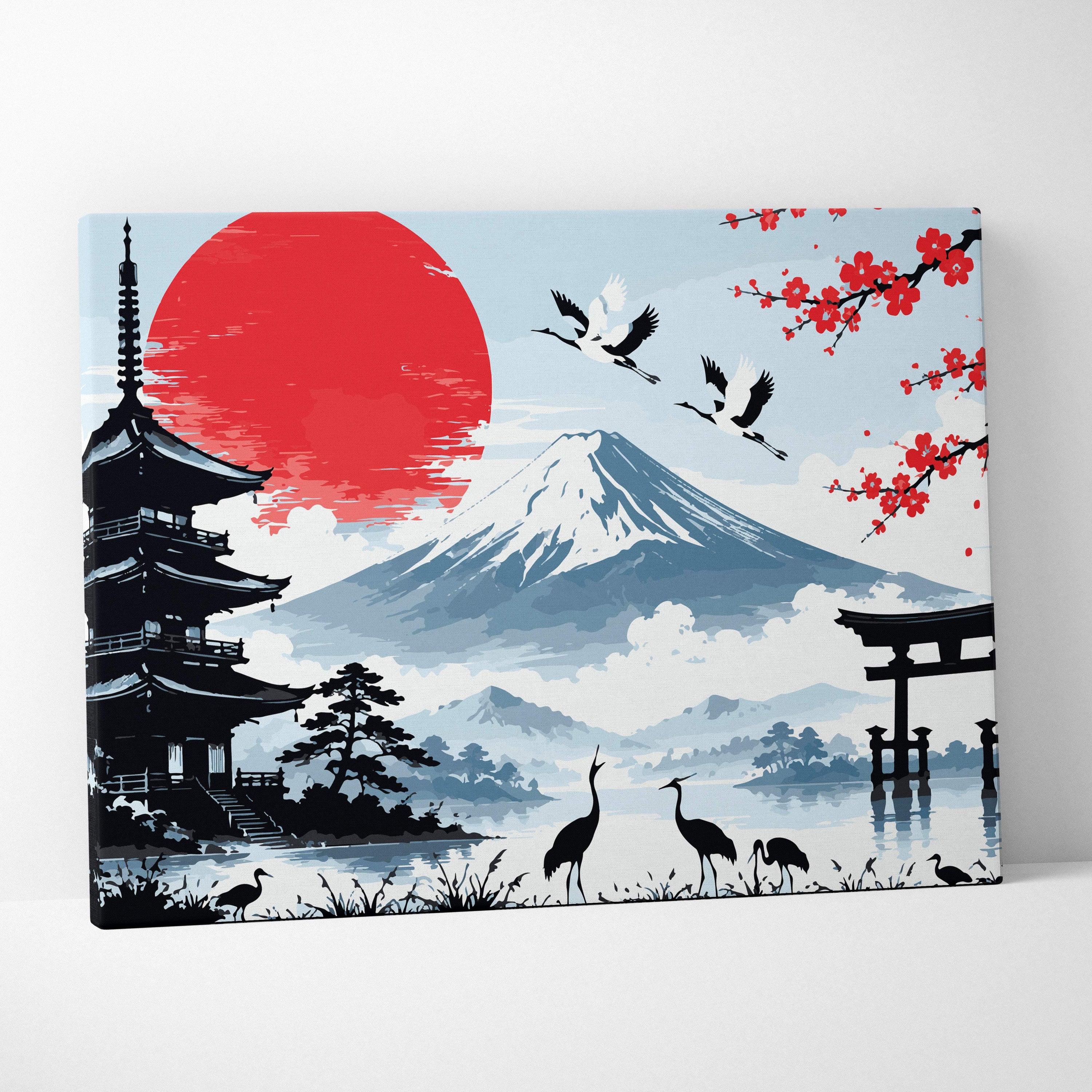 Mount fuji pagoda canvas wall art with red sun black pagoda torii gate cherry blossoms and snow-capped mount fuji on blue background