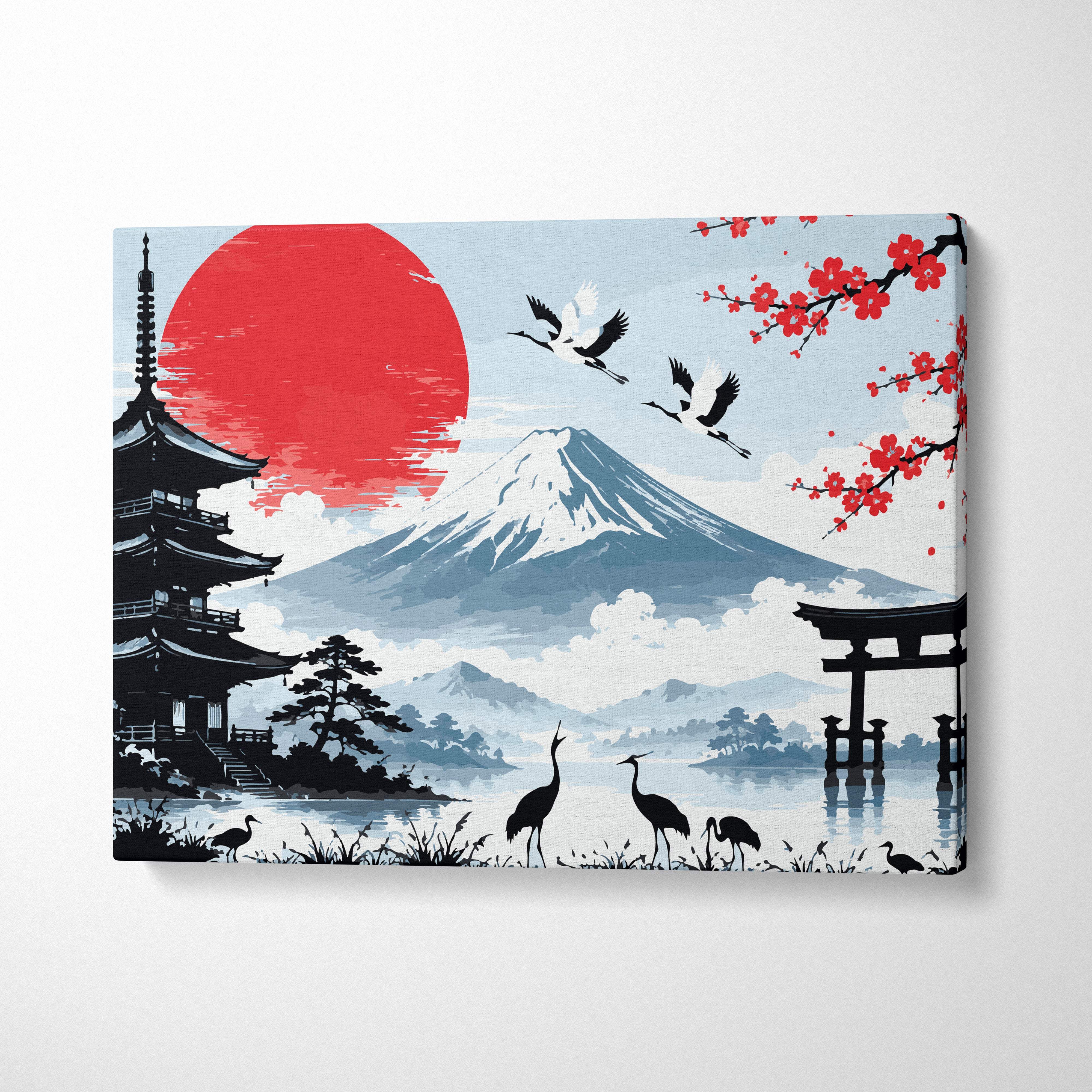 Rectangular canvas print featuring mount fuji pagoda with blue red cranes cherry blossoms and bold red sun for wall art