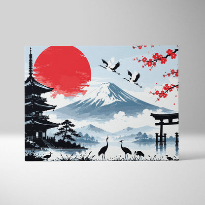 A rectangular canvas print of blue and red mount fuji pagoda with cherry blossoms and a red sun for wall art decor