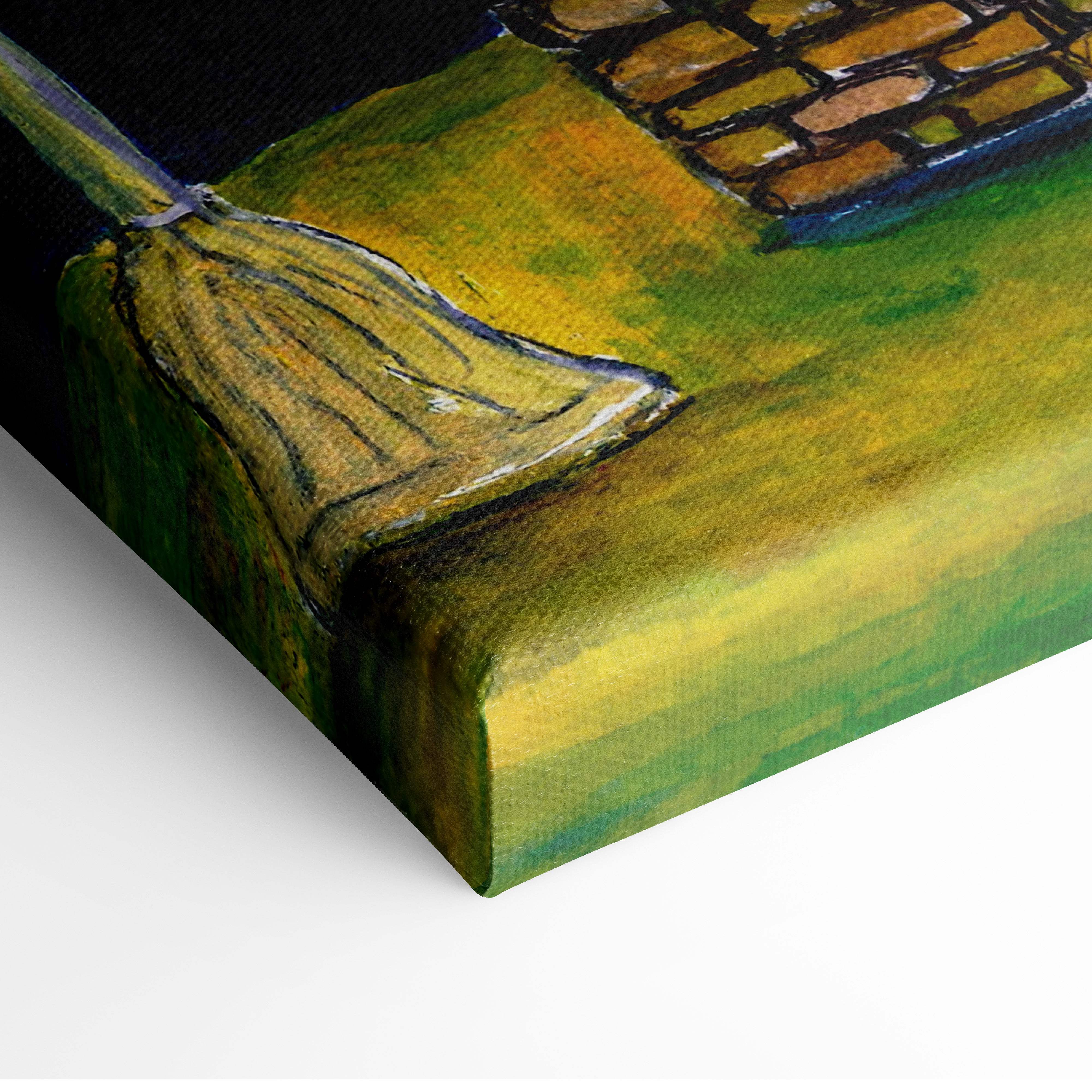Textured canvas print featuring a stylized yellow broom on green grass by a brick wall in whimsical night house style