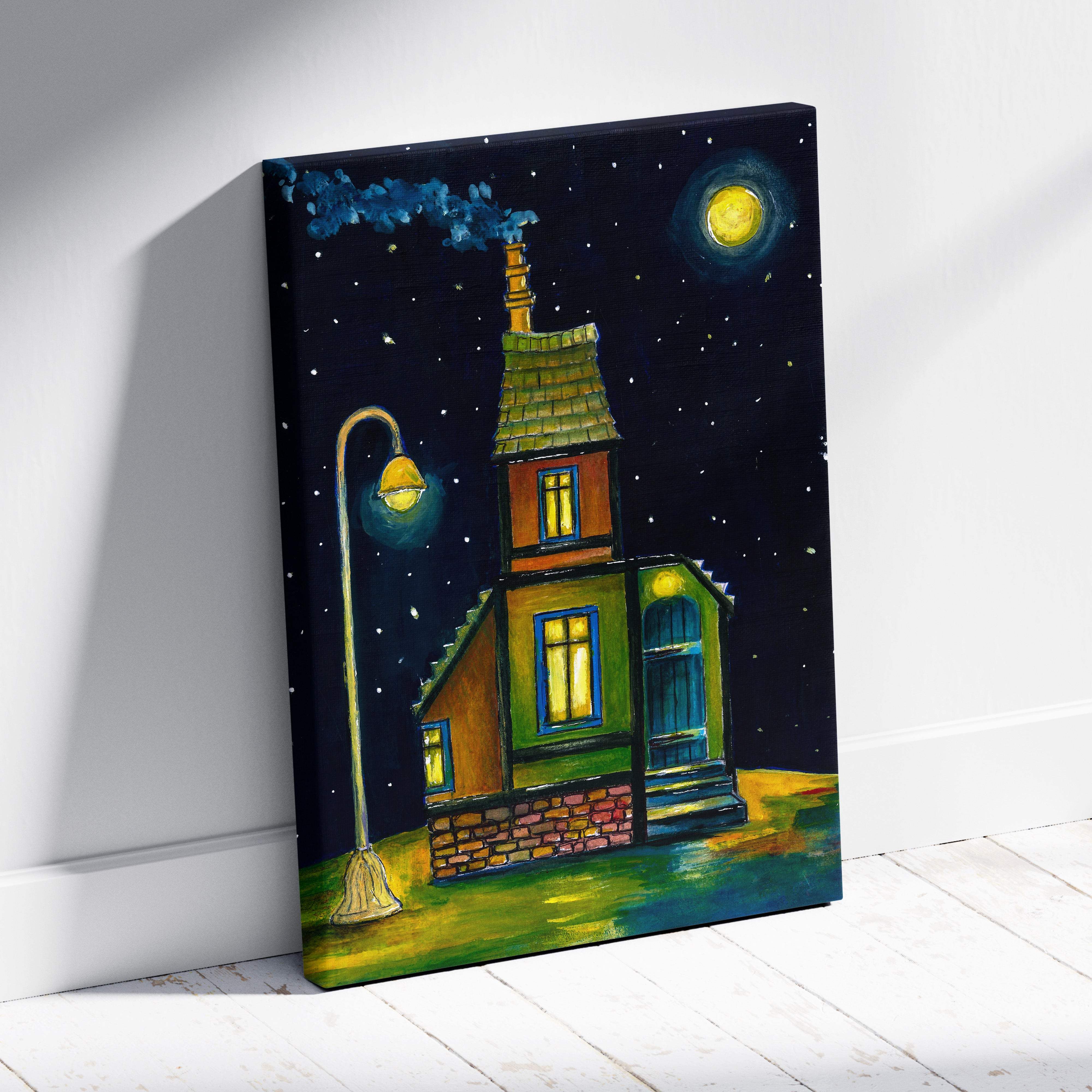 Whimsical night house canvas print featuring a vibrant starry sky and glowing windows in a cozy folk art style