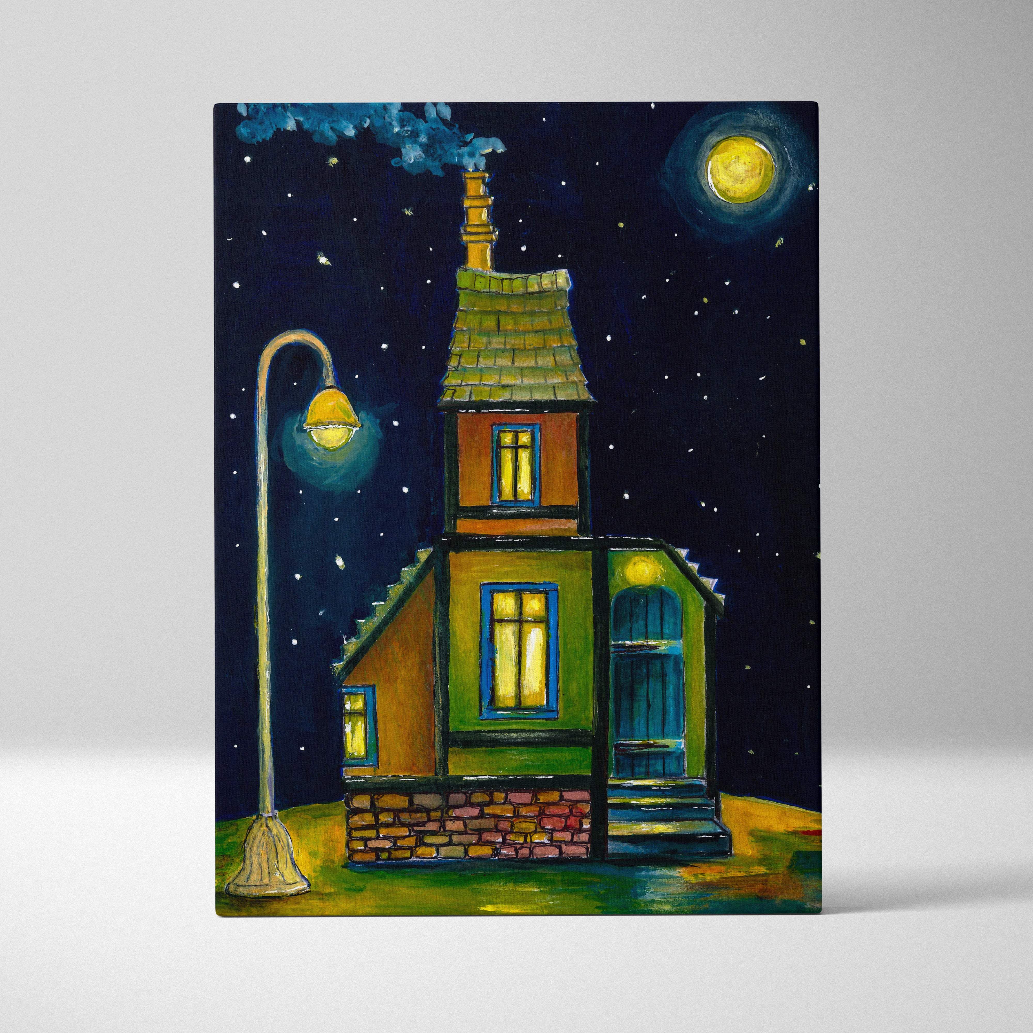 Whimsical night house canvas print featuring a cozy multi-toned house with glowing windows under a starry moon