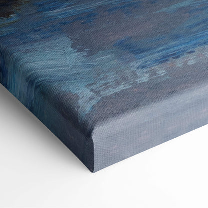 Blue ocean canvas print with textured brushstrokes and deep navy base in impressionist oil painting style for coastal decor