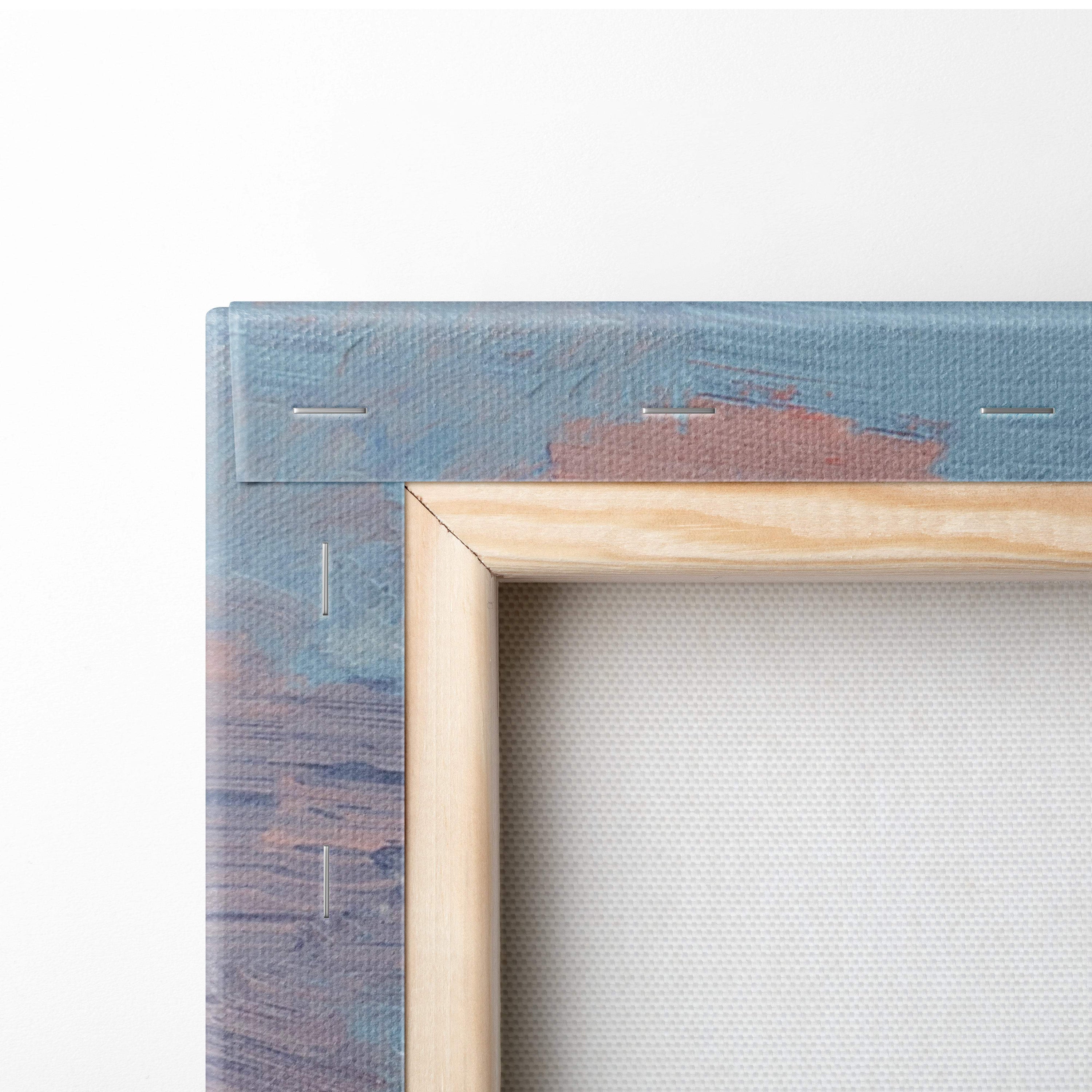 Blue ocean canvas print with light wood frame and textured blue and brown canvas border for coastal decor