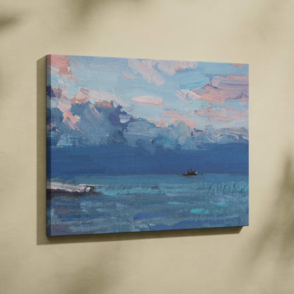 Blue ocean canvas print featuring a serene seascape with blue teal and pink clouds in impressionist oil style