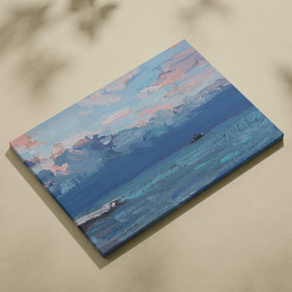 Blue ocean canvas print with textured blue teal and pink abstract seascape in impressionist oil painting style
