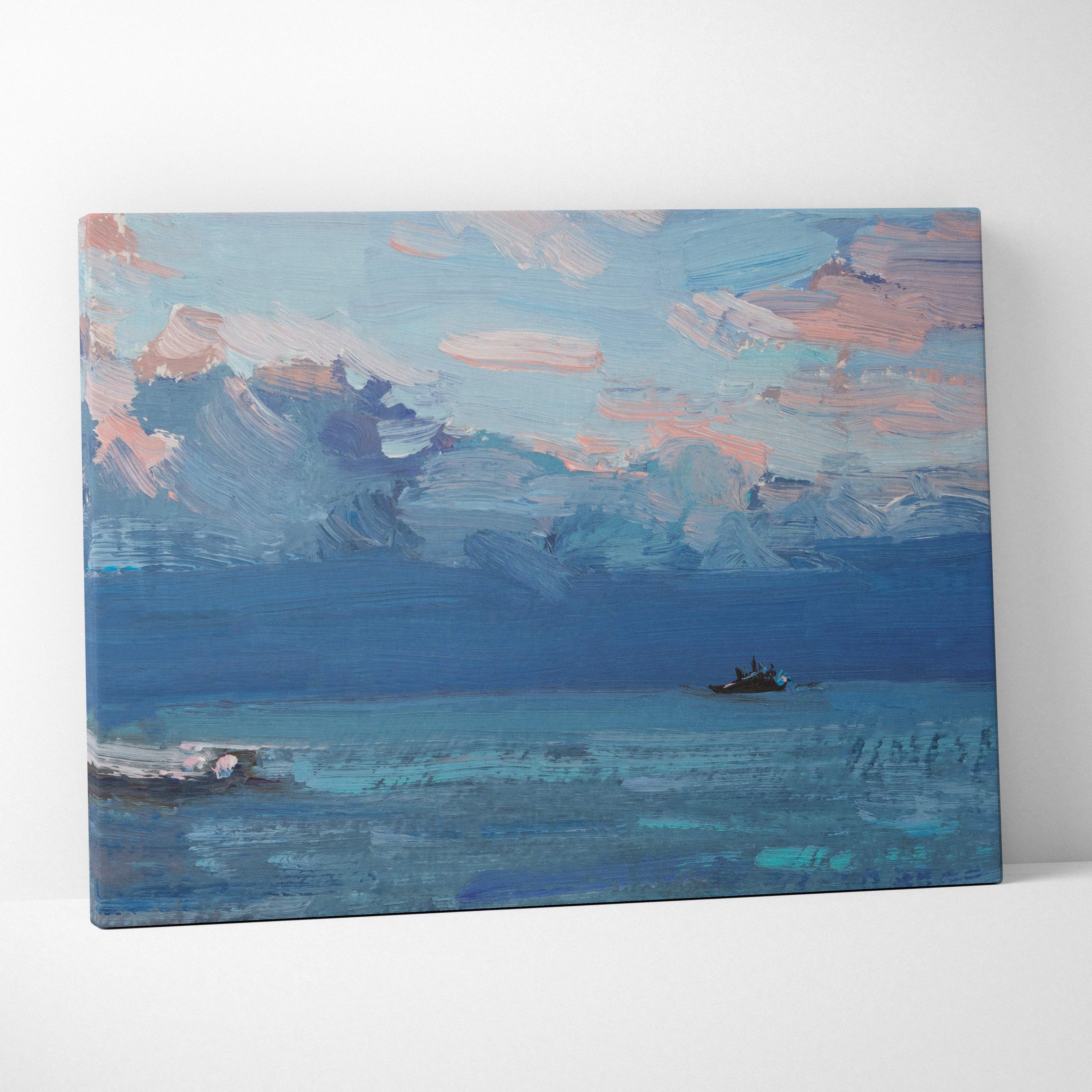 Blue and pink abstract seascape canvas print featuring peaceful coastal decor in impressionist oil painting style