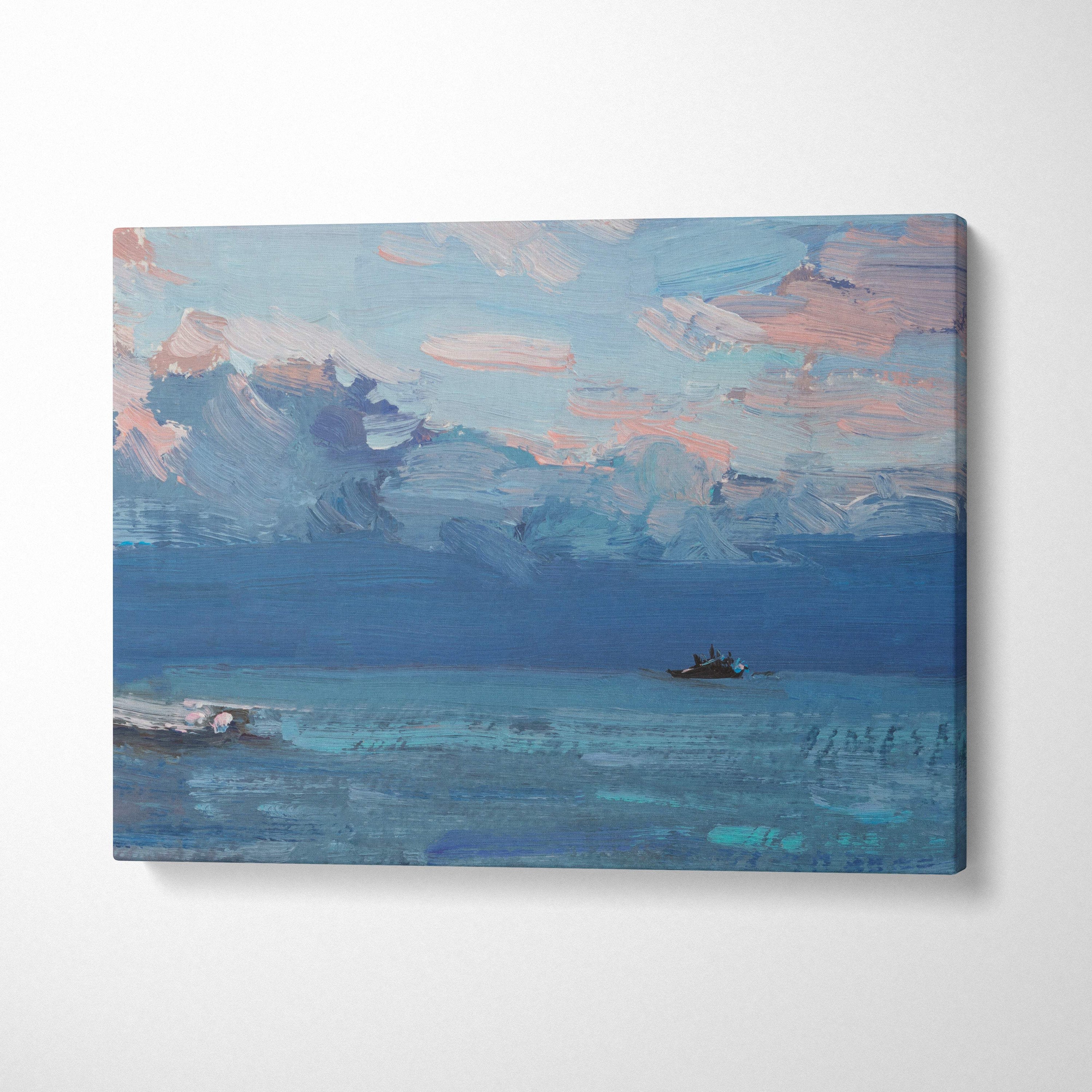 Blue ocean canvas print of a lone boat on calm blue waters with pink cloud seascape in impressionist oil style