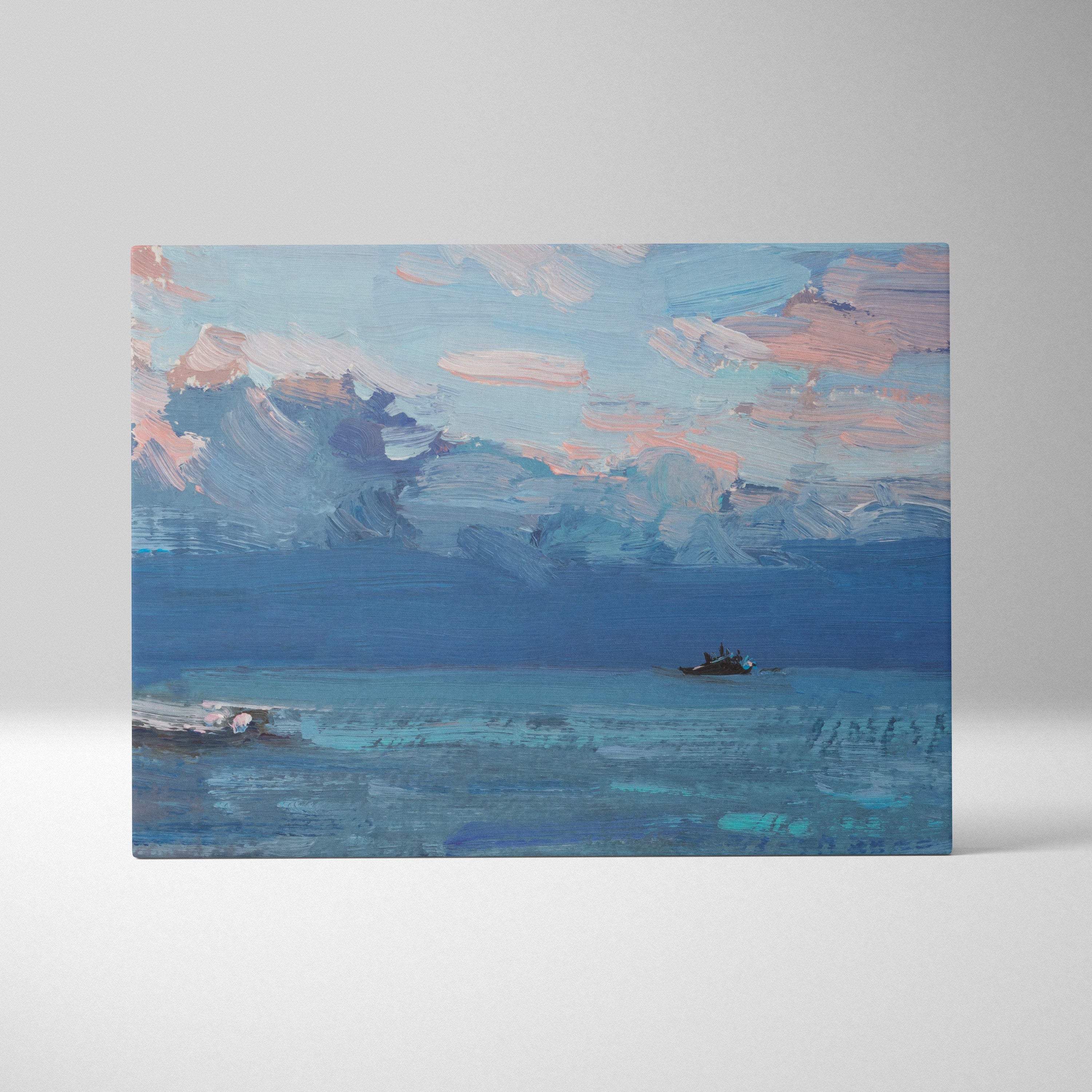 Blue ocean canvas print featuring a pink cloud seascape with textured brushstrokes and a distant boat silhouette