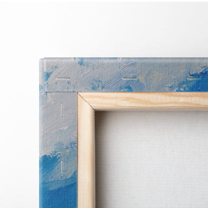 Light wood-framed canvas with textured blue and gray abstract painting coastal mountain seascape wall art