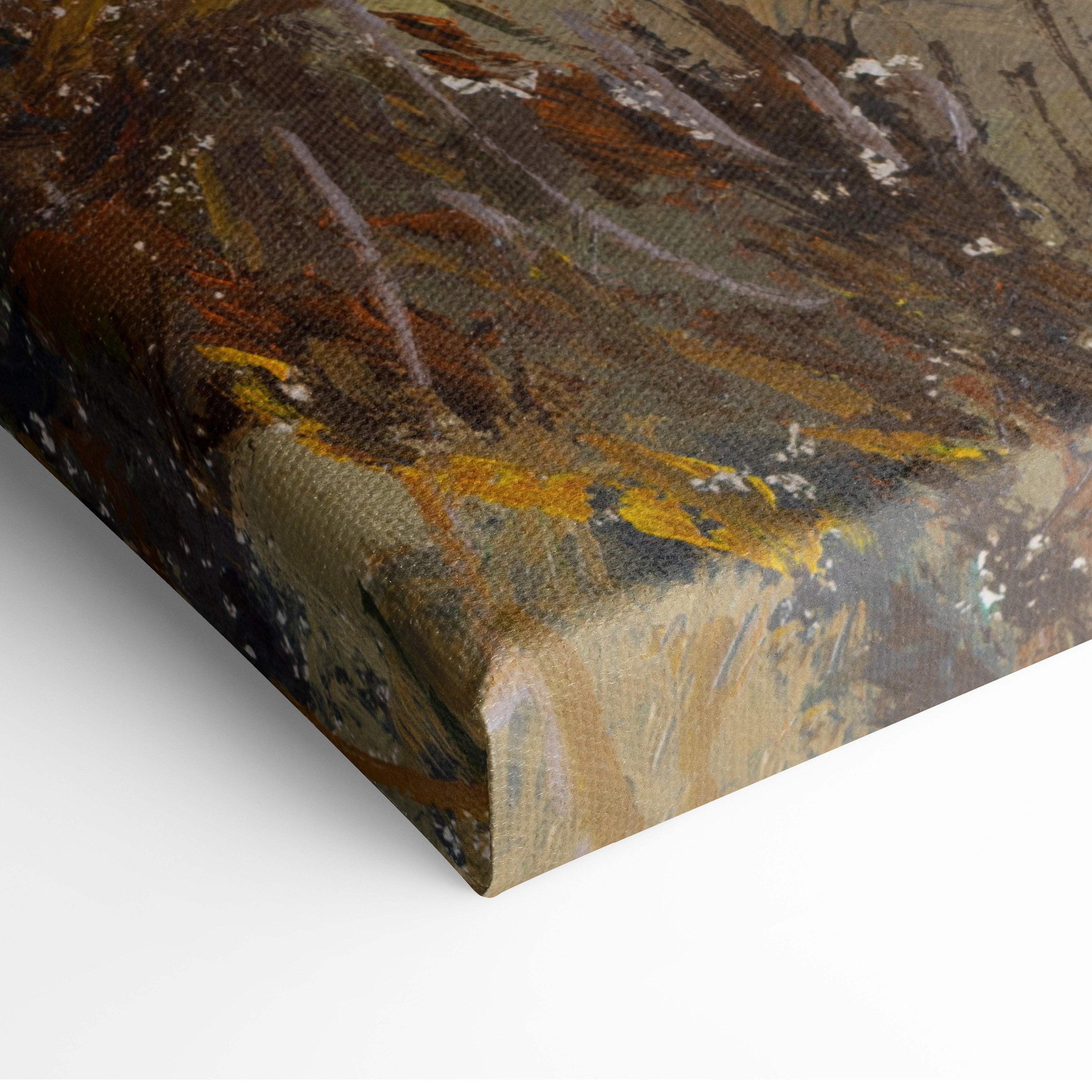 Abstract oil canvas painting with textured brushstrokes in brown ochre and gray for coastal mountain seascape decor