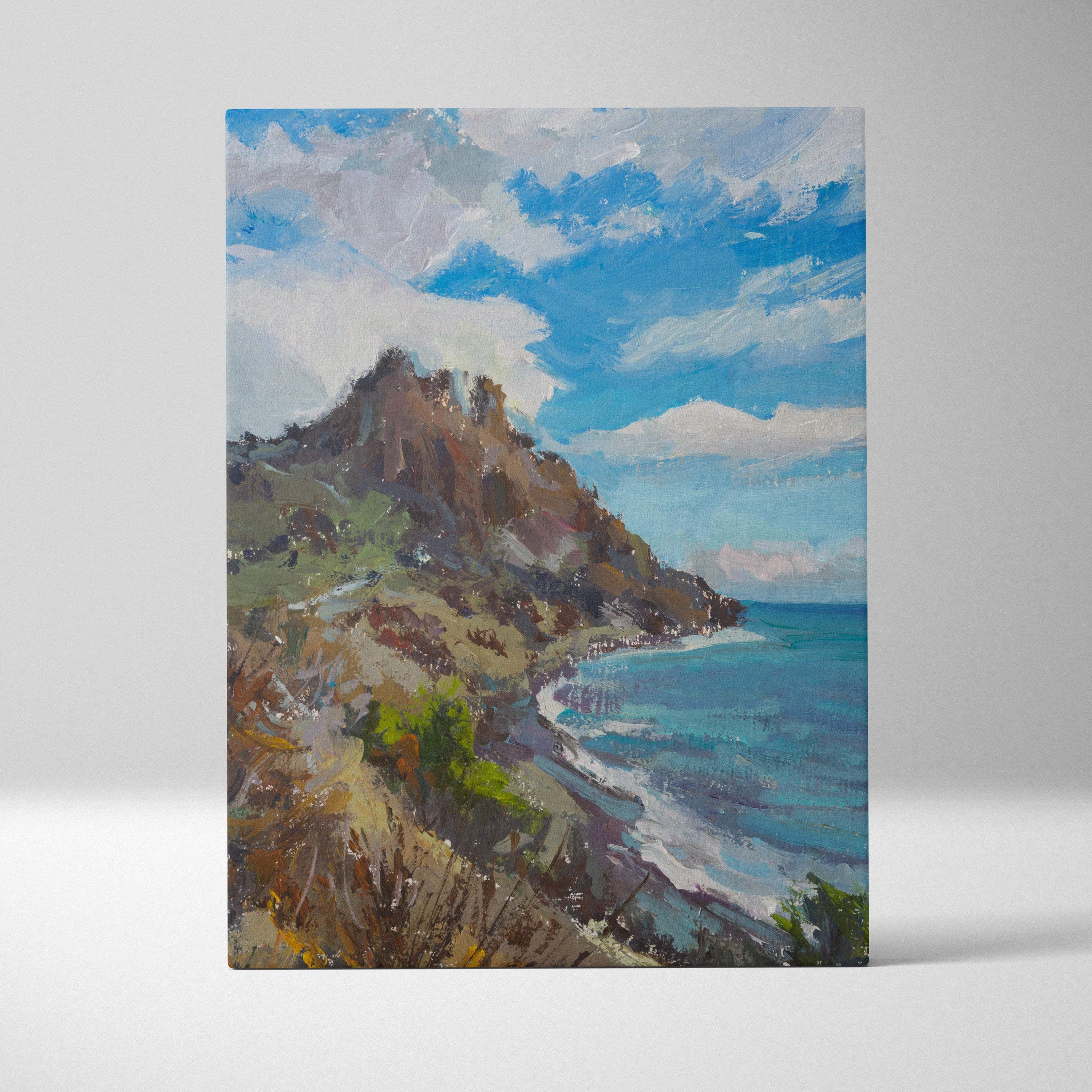 Coastal mountain canvas print showing vibrant turquoise ocean and rugged blue cliff in impressionist oil painting style