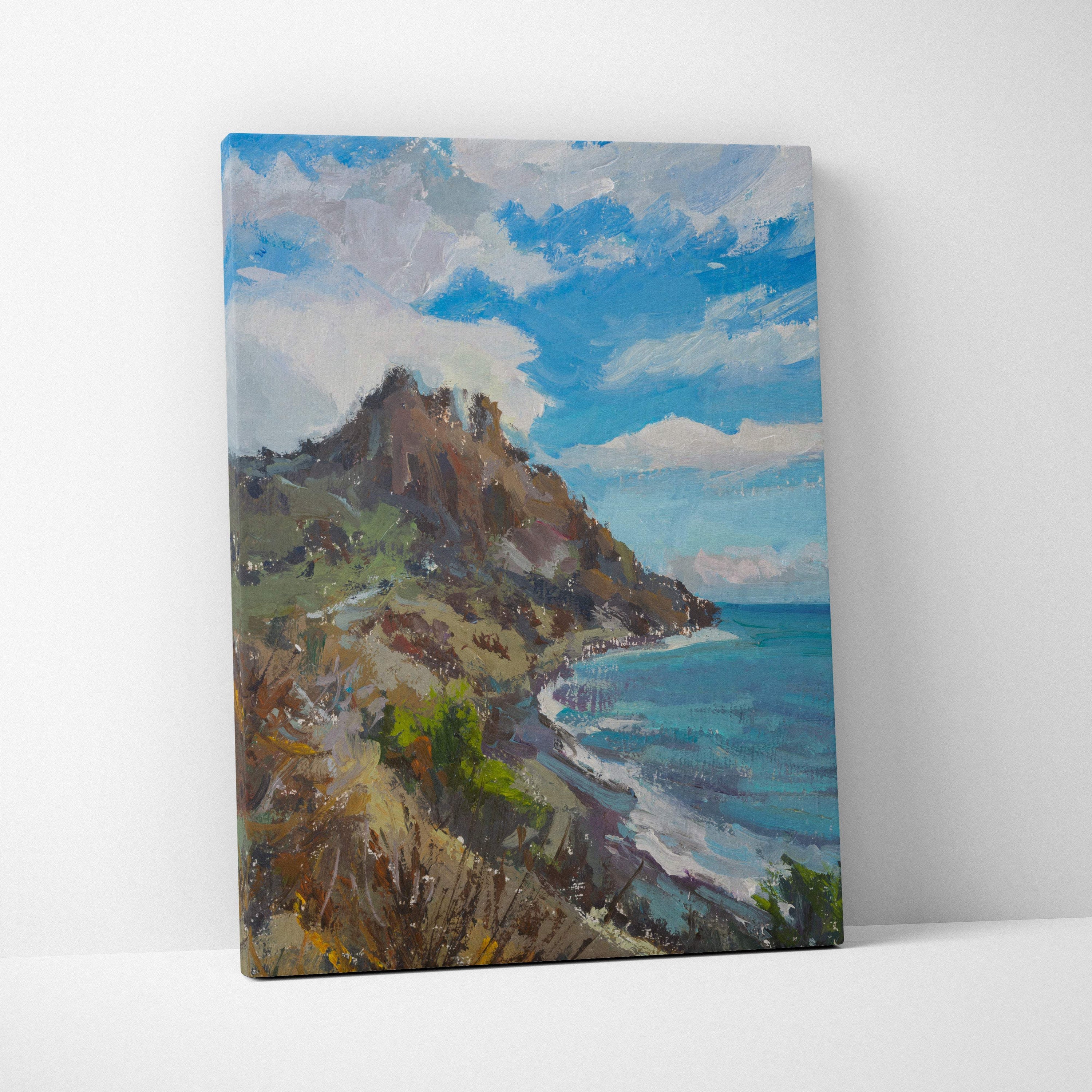 A vibrant coastal mountain canvas print with bold blue sky and turquoise sea in impressionist oil painting style