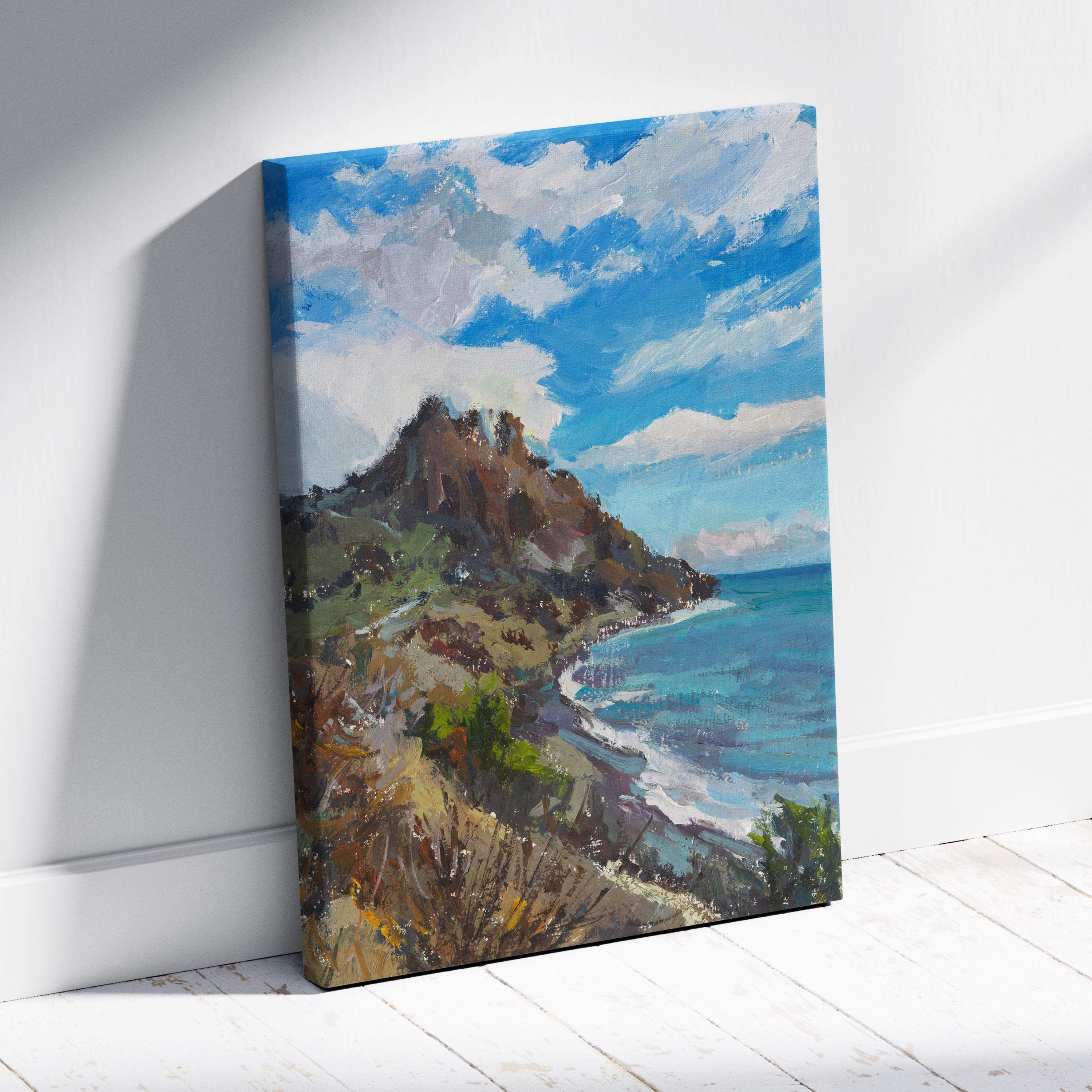 Coastal mountain canvas print featuring vibrant blue ocean cliff in impressionist oil painting style wall art decor