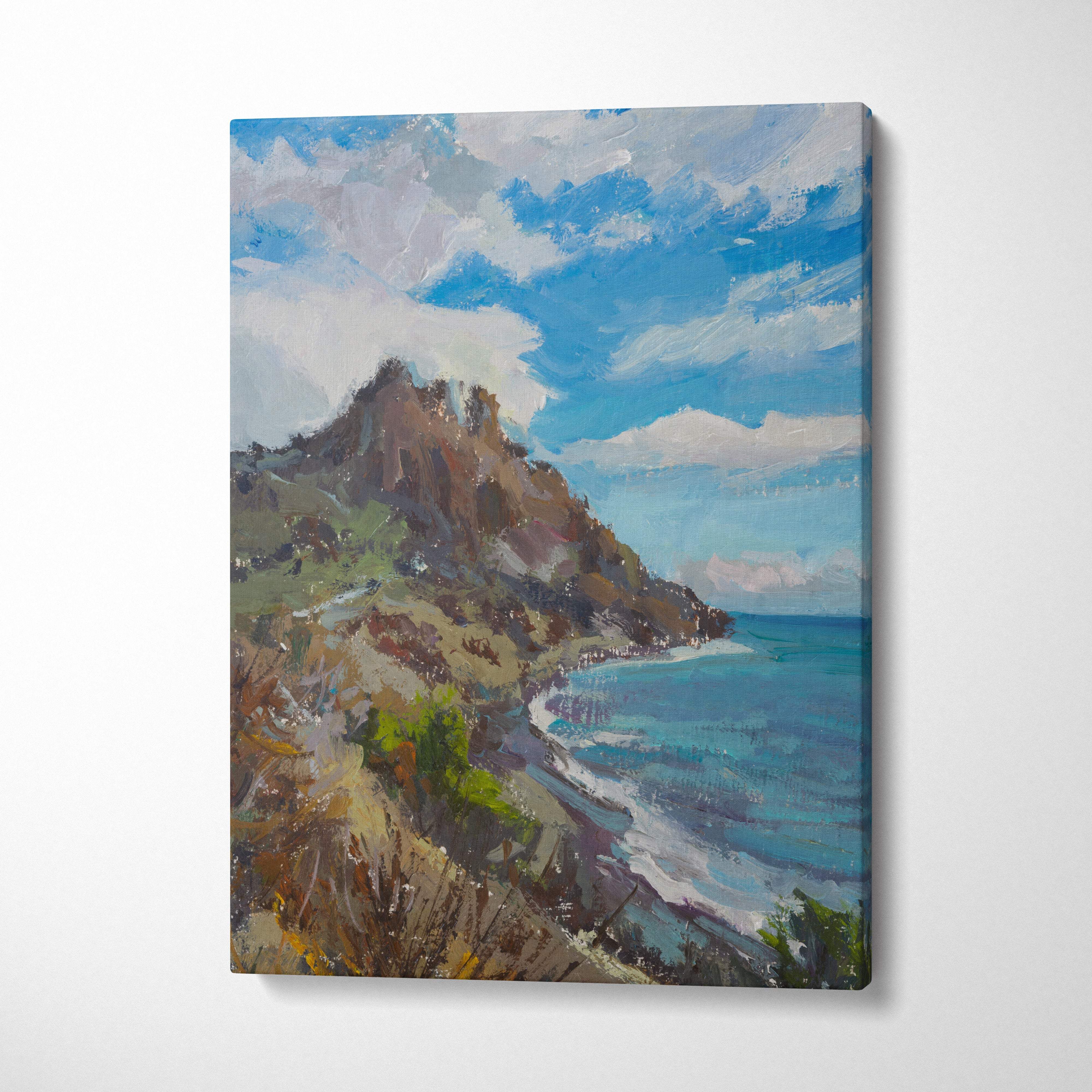 Coastal mountain canvas print featuring bold blue sky and turquoise sea with rugged cliffs in impressionist oil style