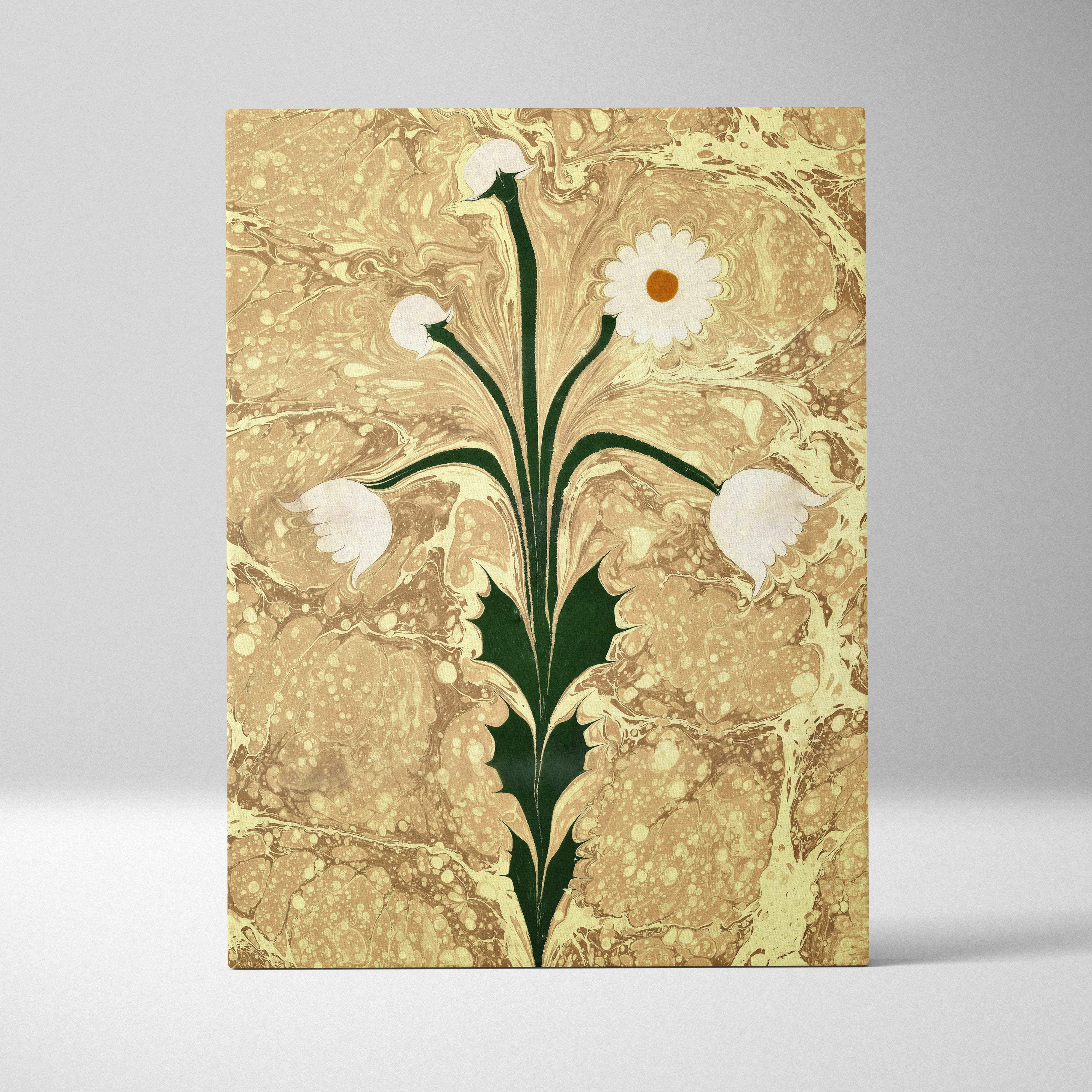 A rectangular marbled daisy canvas print with white flowers dark green stems on a swirling gold background for wall decor