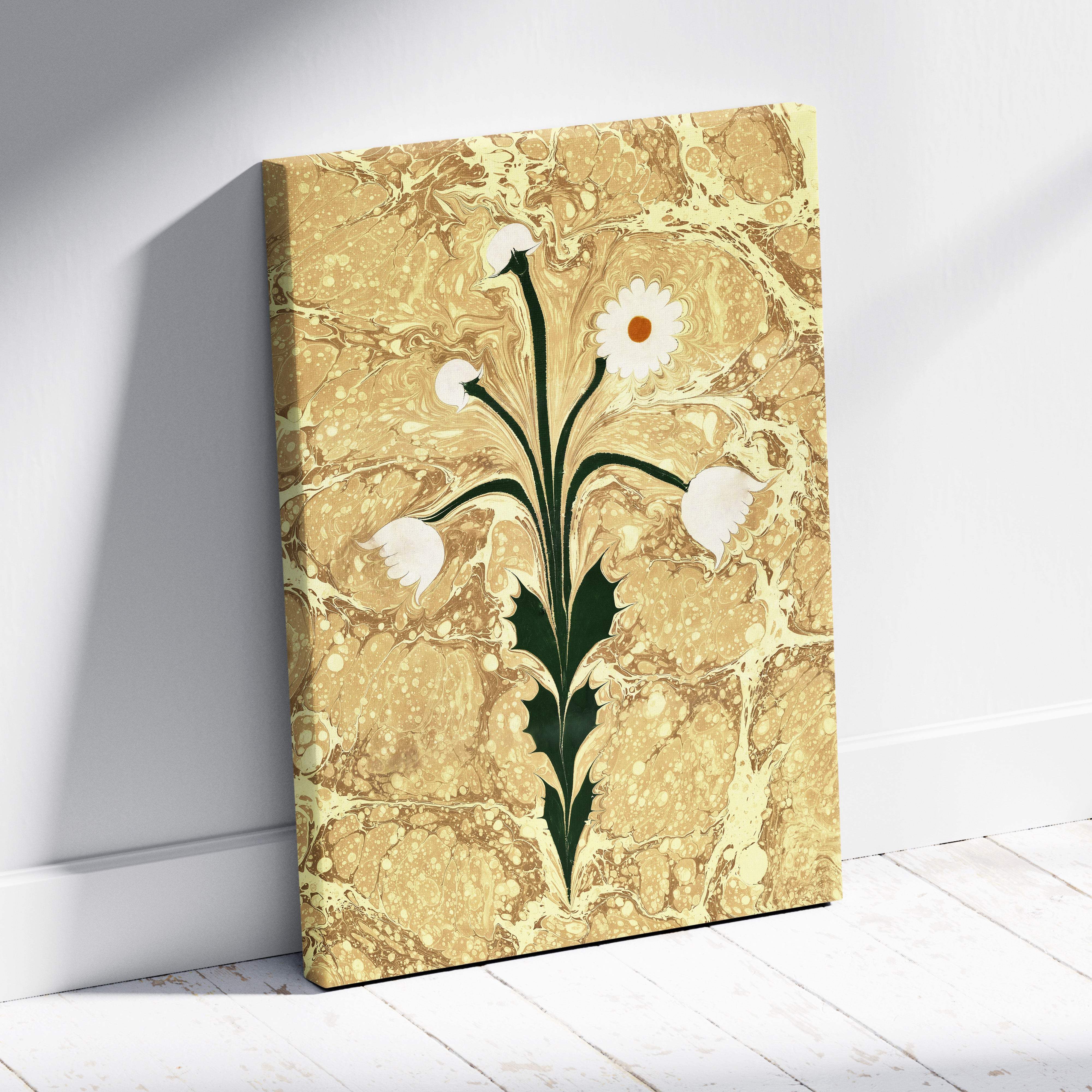 Marbled daisy canvas print featuring white blossoms and dark green stems on a gold marbled beige botanical background