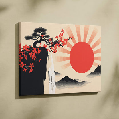 Red sun waterfall canvas wall art with stylized black pine tree and red blossoms in japanese vector painting style