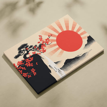 Red sun waterfall rectangular canvas wall art with bold red sun pink cherry blossoms and gray mountains for decor