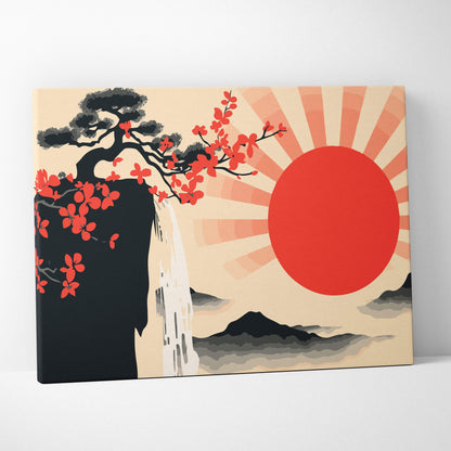 Red sun waterfall canvas wall art with stylized Japanese landscape, black pine, red blossoms, and orange-red sun decor