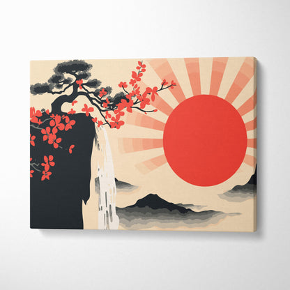 Red sun waterfall canvas wall art with bold red sun black and white mountains pink cherry blossoms japanese style