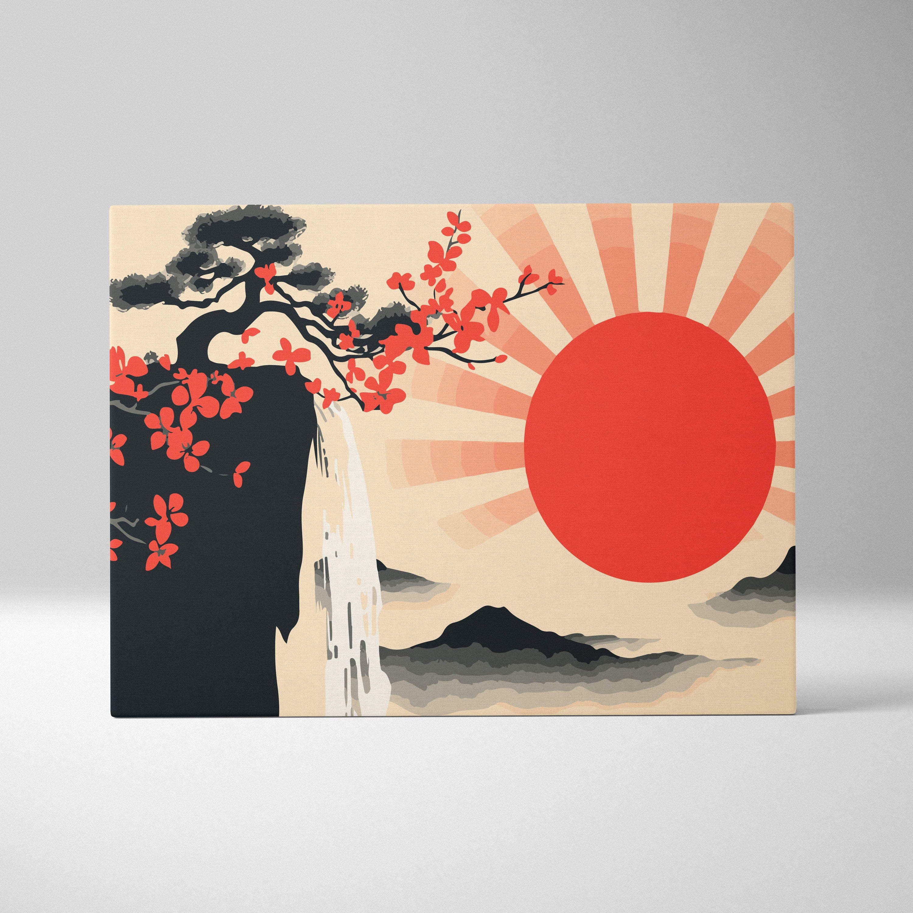 A rectangular canvas print of red sun waterfall wall art featuring bold cherry blossom and black and white Japanese mountain decor