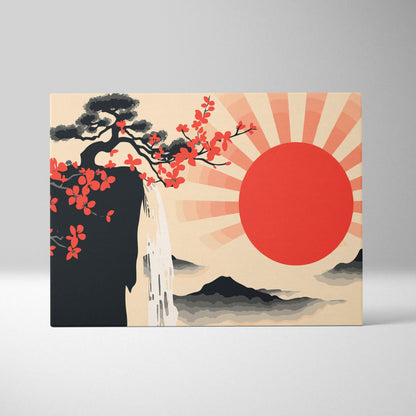 A rectangular canvas print of red sun waterfall wall art featuring bold cherry blossom and black and white Japanese mountain decor