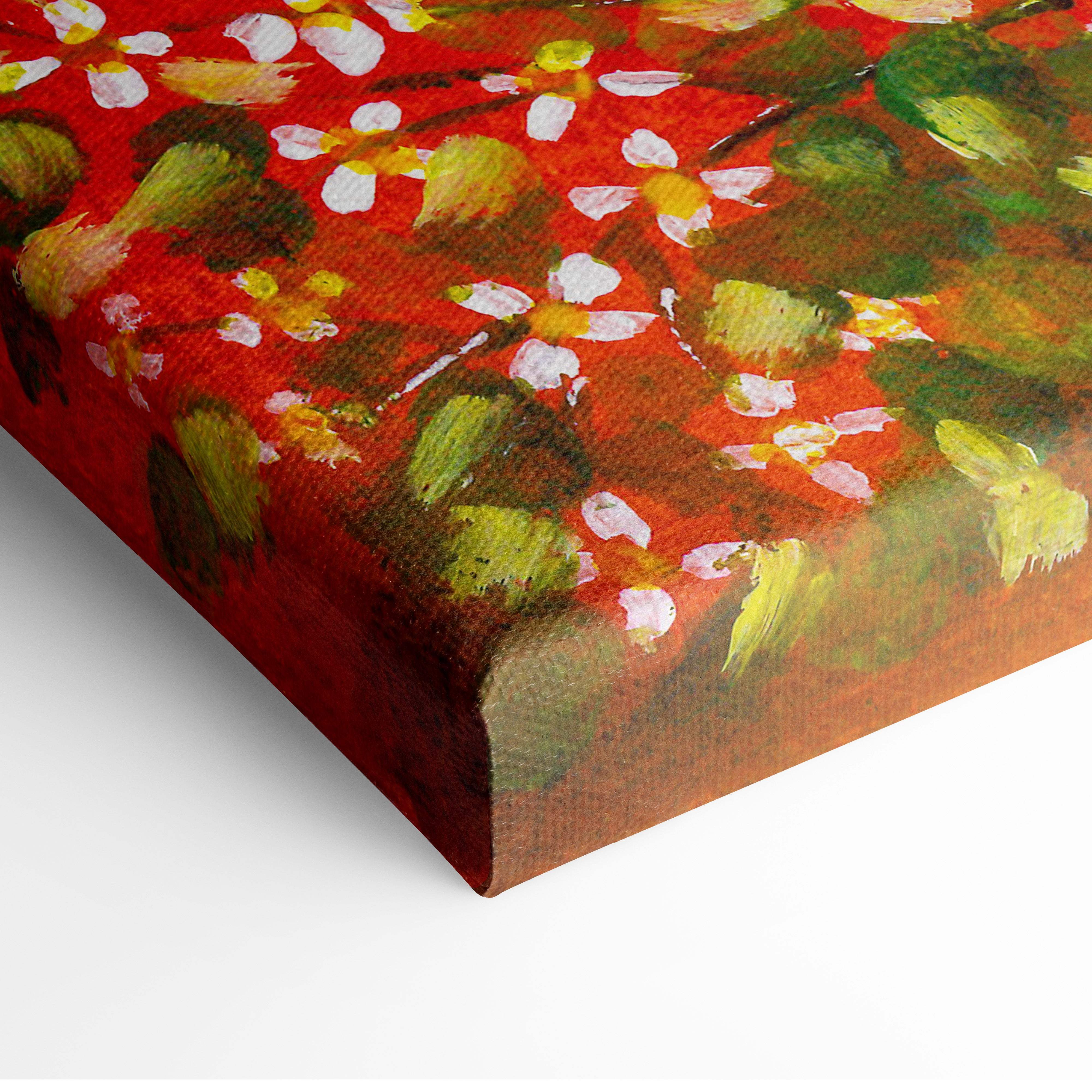 Vibrant red canvas print with white and yellow blossoms green leaves in impressionistic blue vase floral still life art