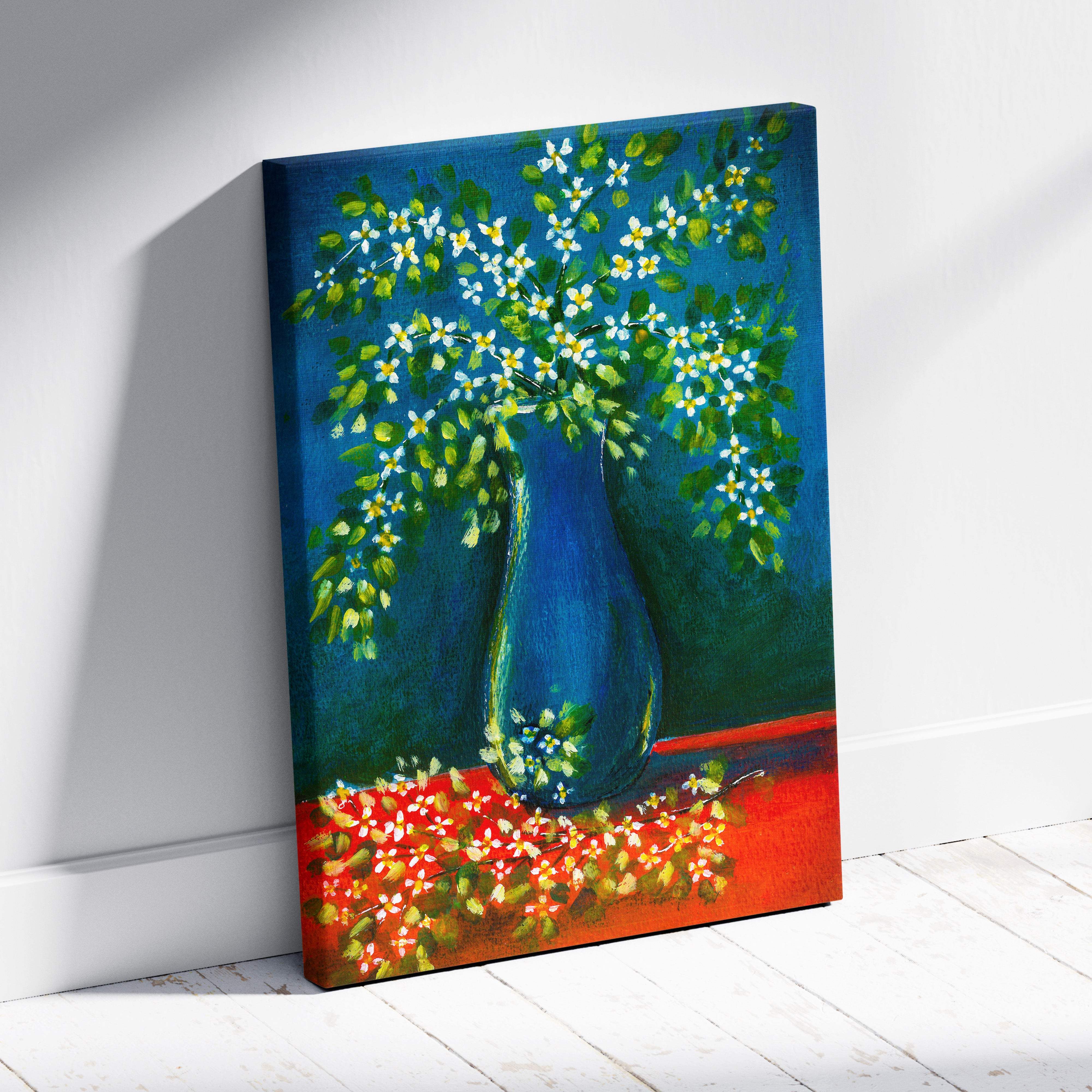 Blue vase floral canvas print with white and yellow flowers on teal background and orange red foreground wall art