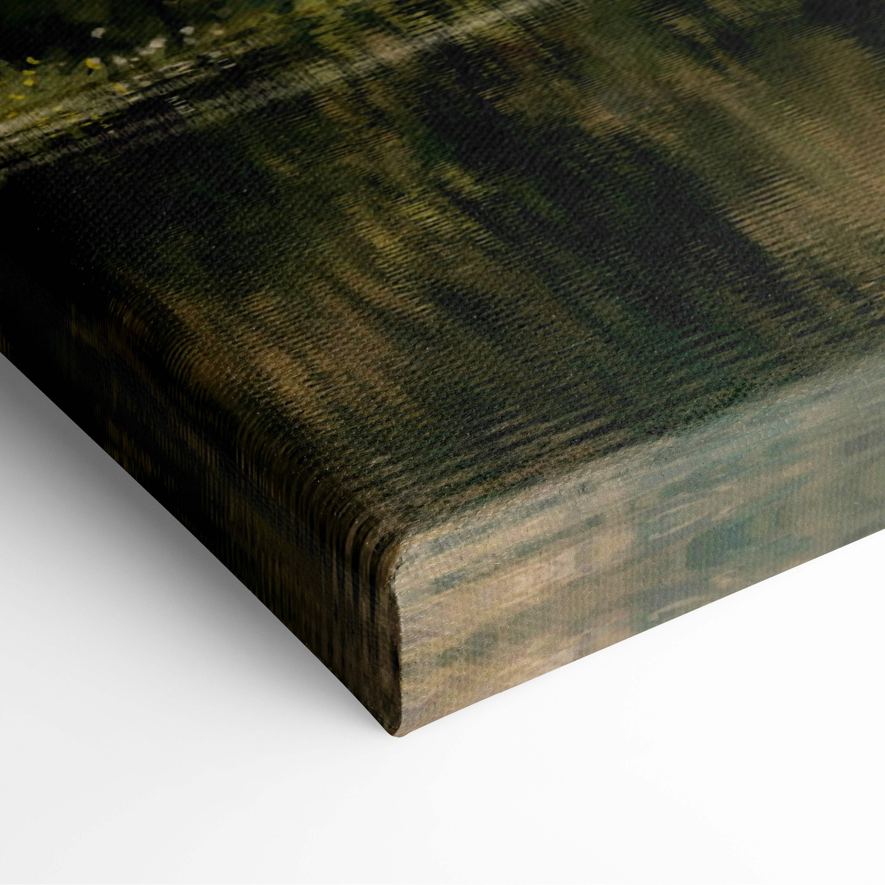 Textured canvas print of rustic countryside painting with muted greens and browns showing lake, cottage, and autumn trees