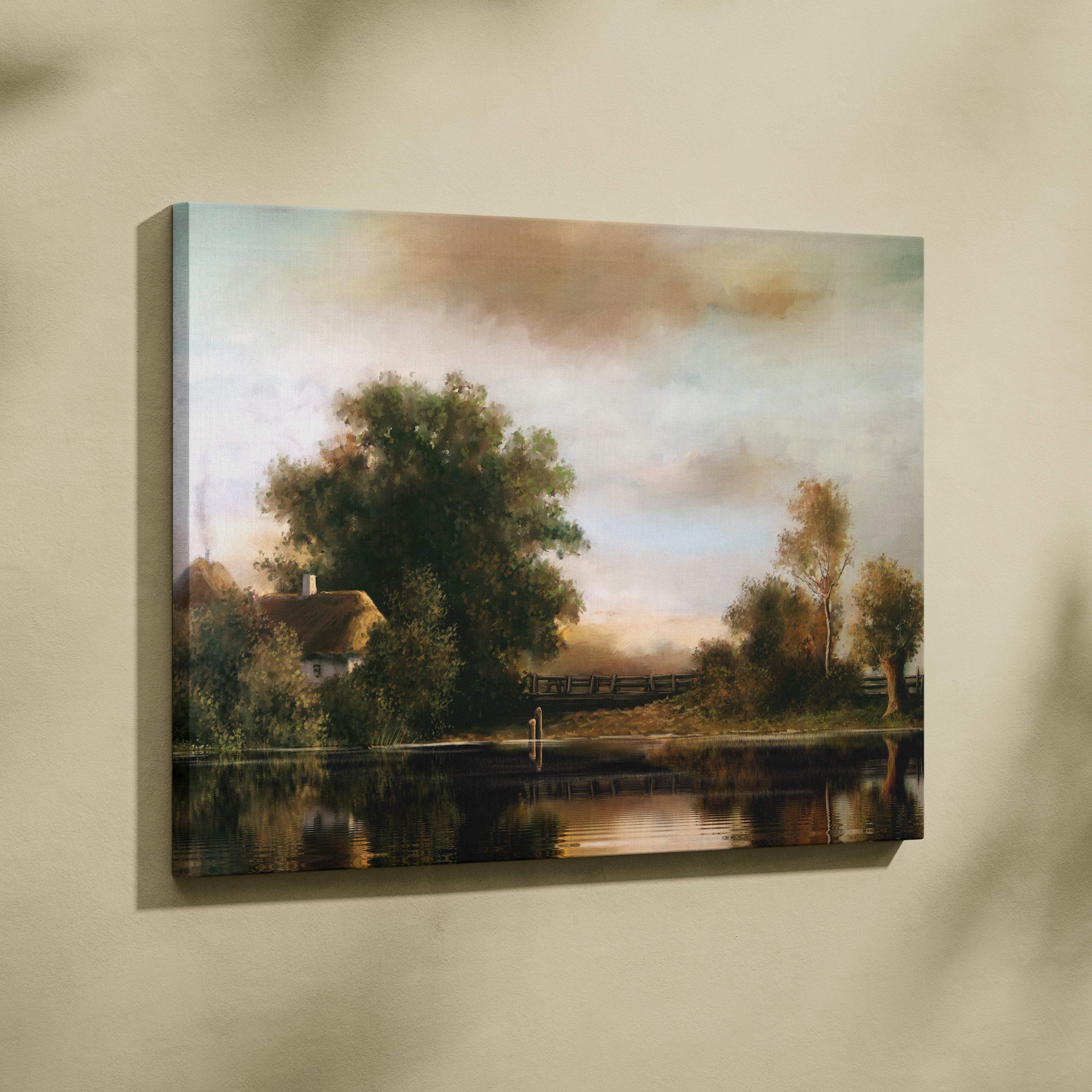 Rustic countryside canvas print of a serene lake cottage with autumn trees and warm golden light reflection