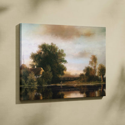 Rustic countryside canvas print of a serene lake cottage with autumn trees and warm golden light reflection