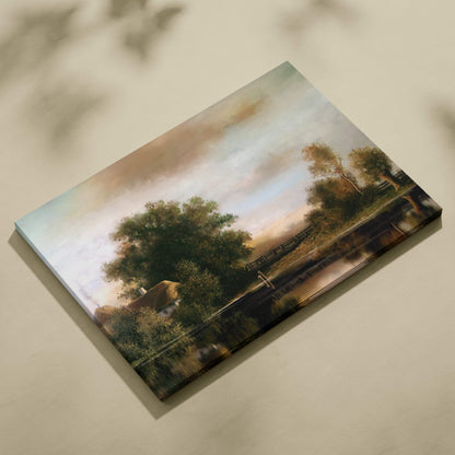 Rectangular canvas print of rustic countryside painting with pastel skies, green trees, and reflective lake under golden light