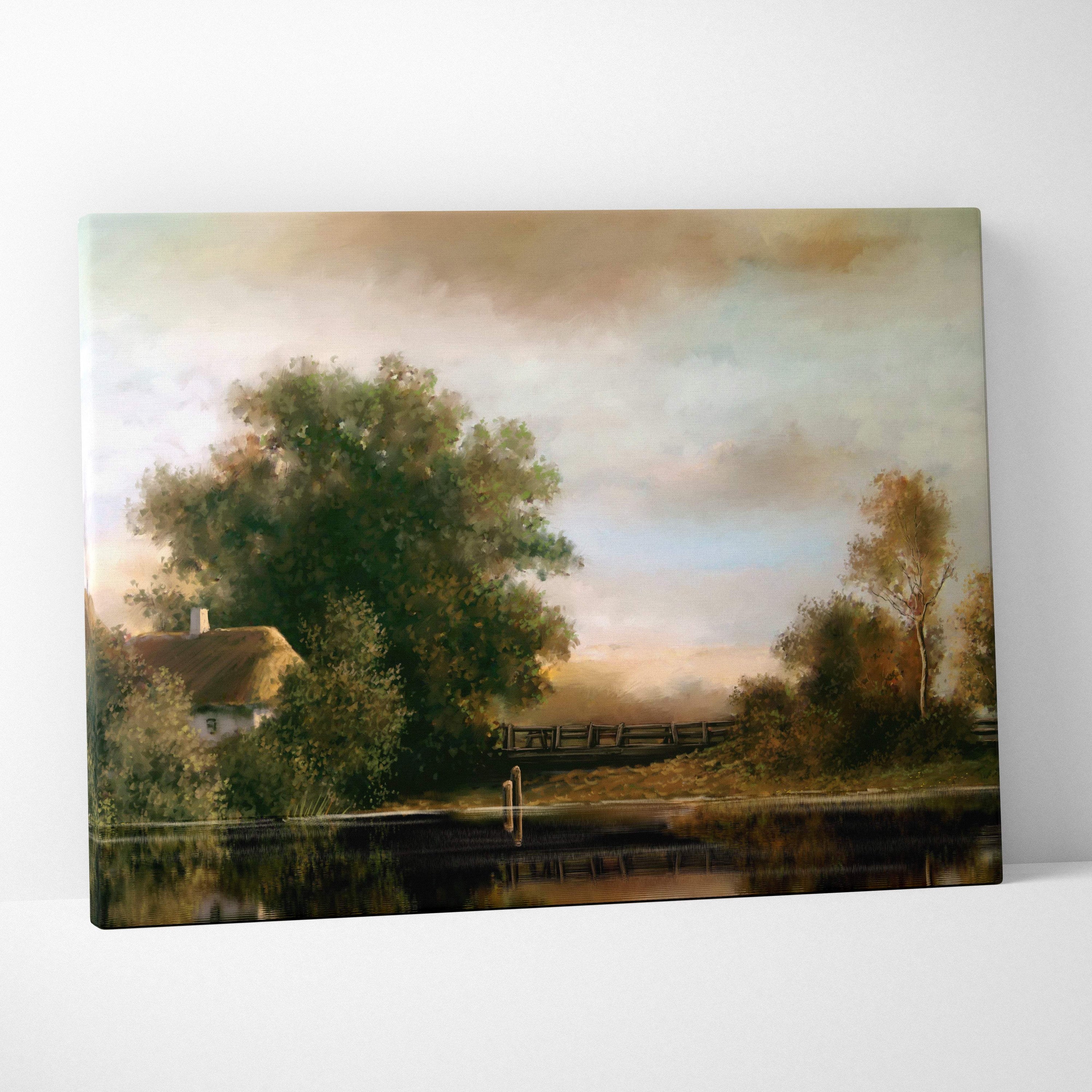 Rustic countryside painting style wall art of a serene lake with a thatched cottage and autumn trees in soft earth tones on canvas
