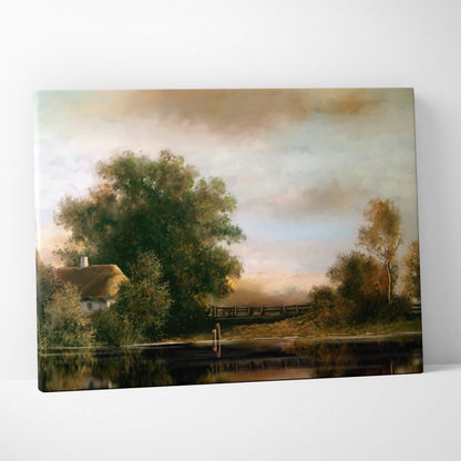 Rustic countryside painting style wall art of a serene lake with a thatched cottage and autumn trees in soft earth tones on canvas