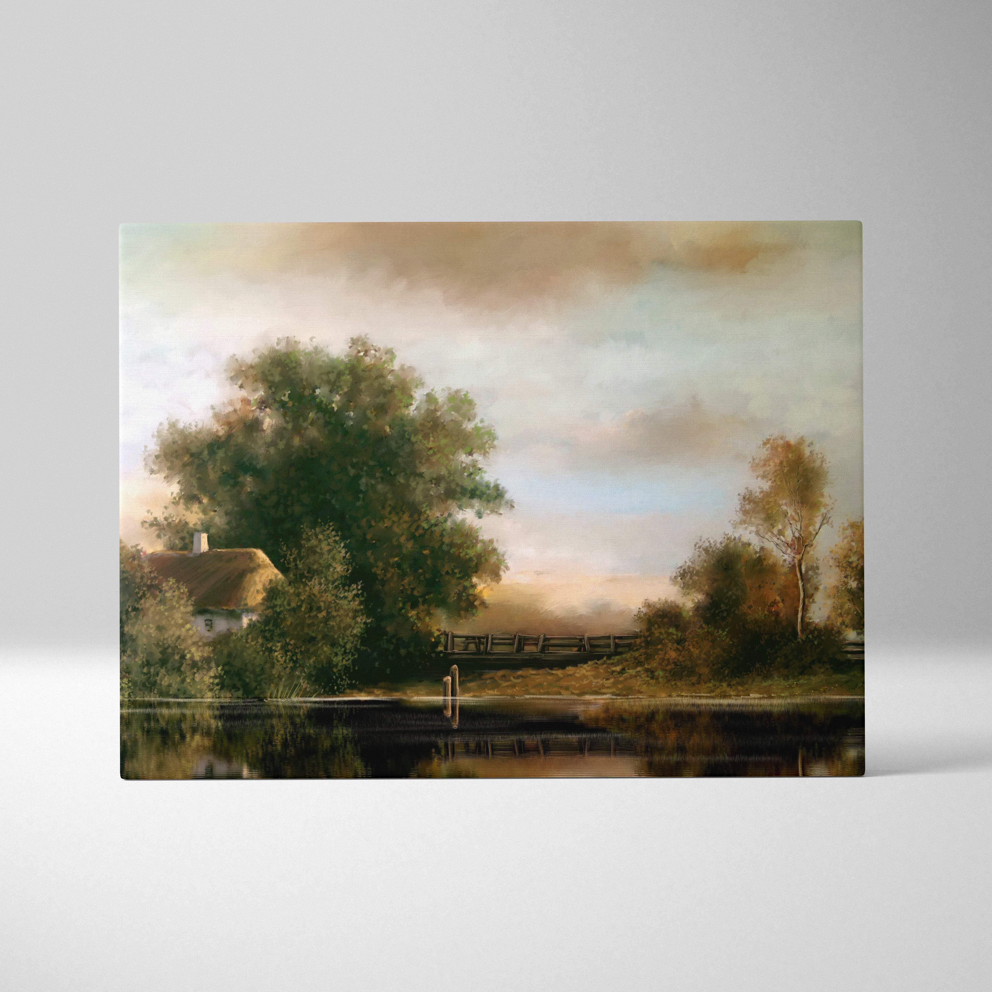Rectangular canvas print of a rustic countryside painting featuring a serene lake, cottage, autumn trees, and wooden bridge
