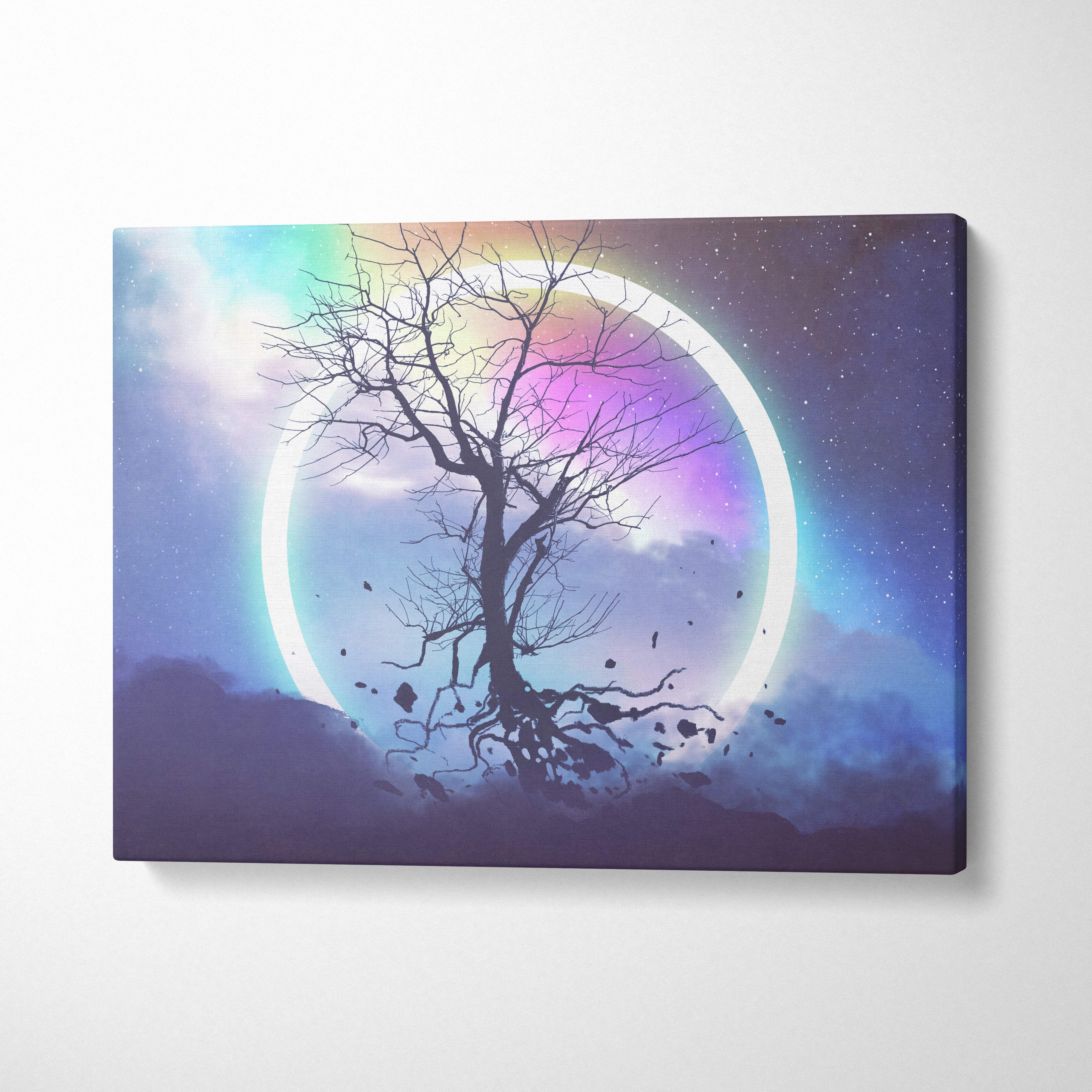 Surreal cosmic tree canvas wall art featuring a black bare tree silhouette with iridescent glowing portal circle backdrop