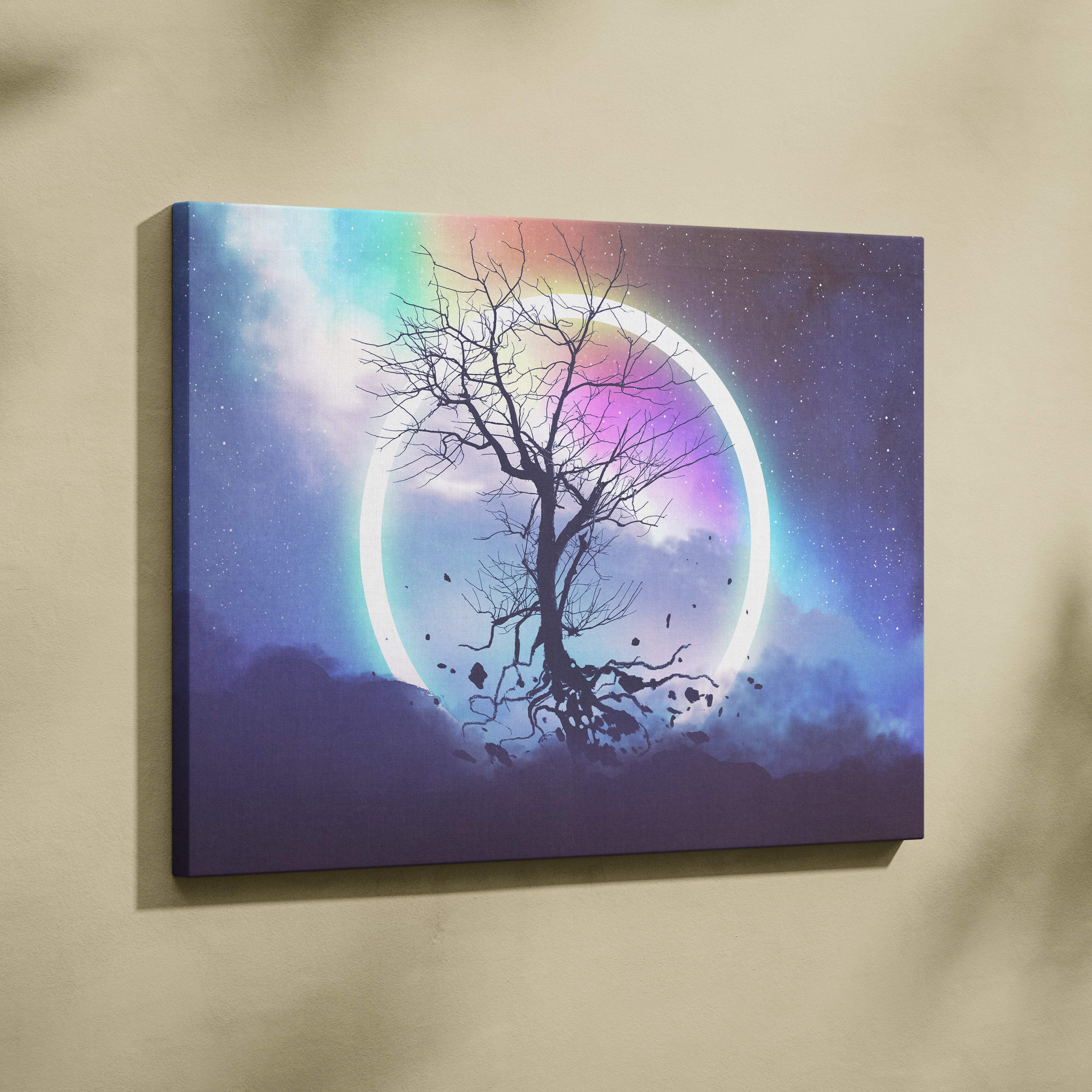 Surreal cosmic tree canvas wall art featuring a black tree silhouette with a glowing rainbow ring and starry purple sky